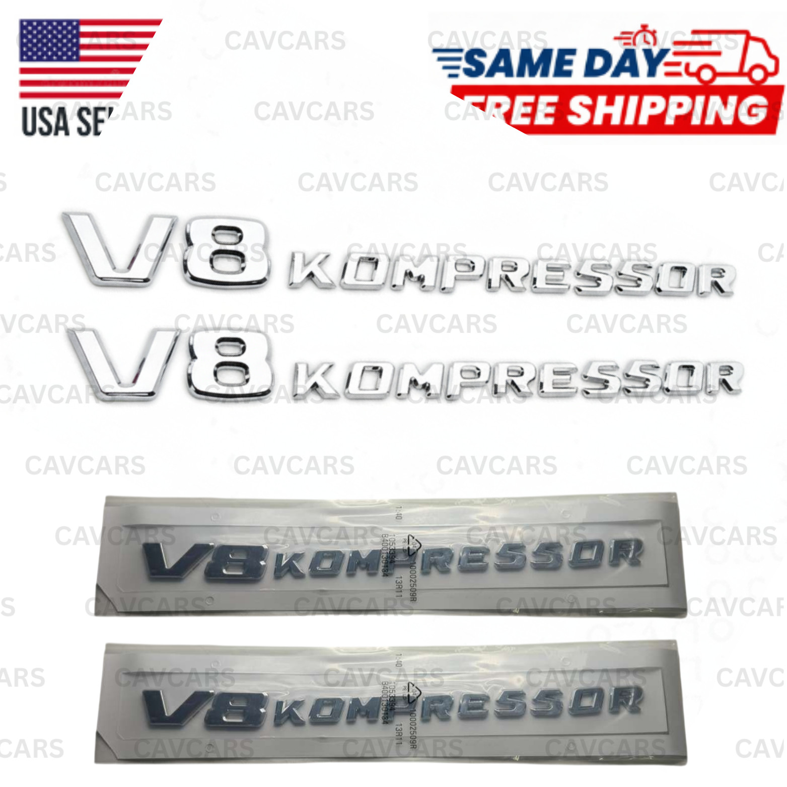 2X V8 KOMPRESSOR CHROME FENDER BADGE EMBLEM BODY SIDE DECAL