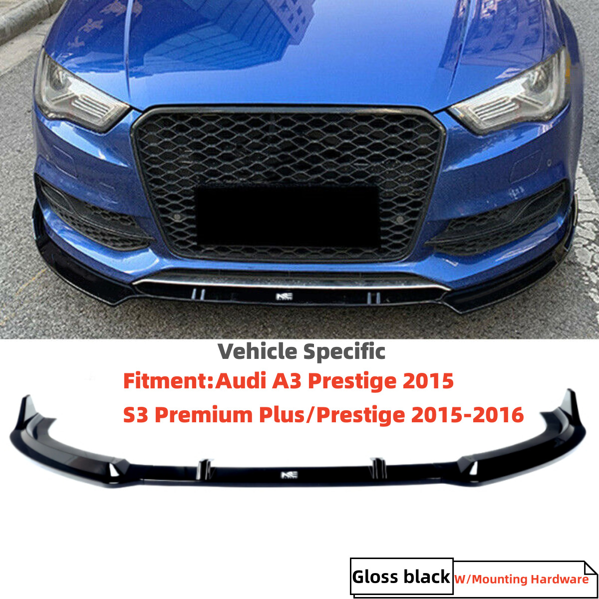 NPDesigns FOR AUDI S3 (A3 Prestige) 2015 2016 GLOSS BLACK FRONT LIP SPLITTER