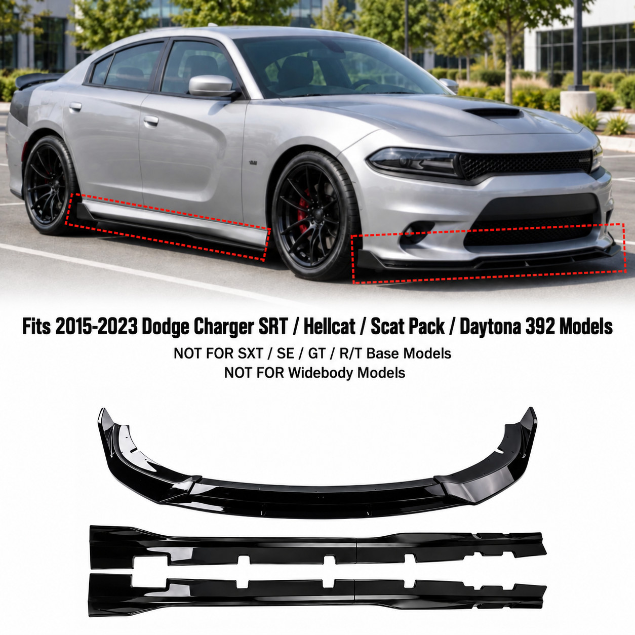 Fit 2015-23 Dodge Charger SRT Glossy Black Front Bumper Lip+Side Skirts Kit