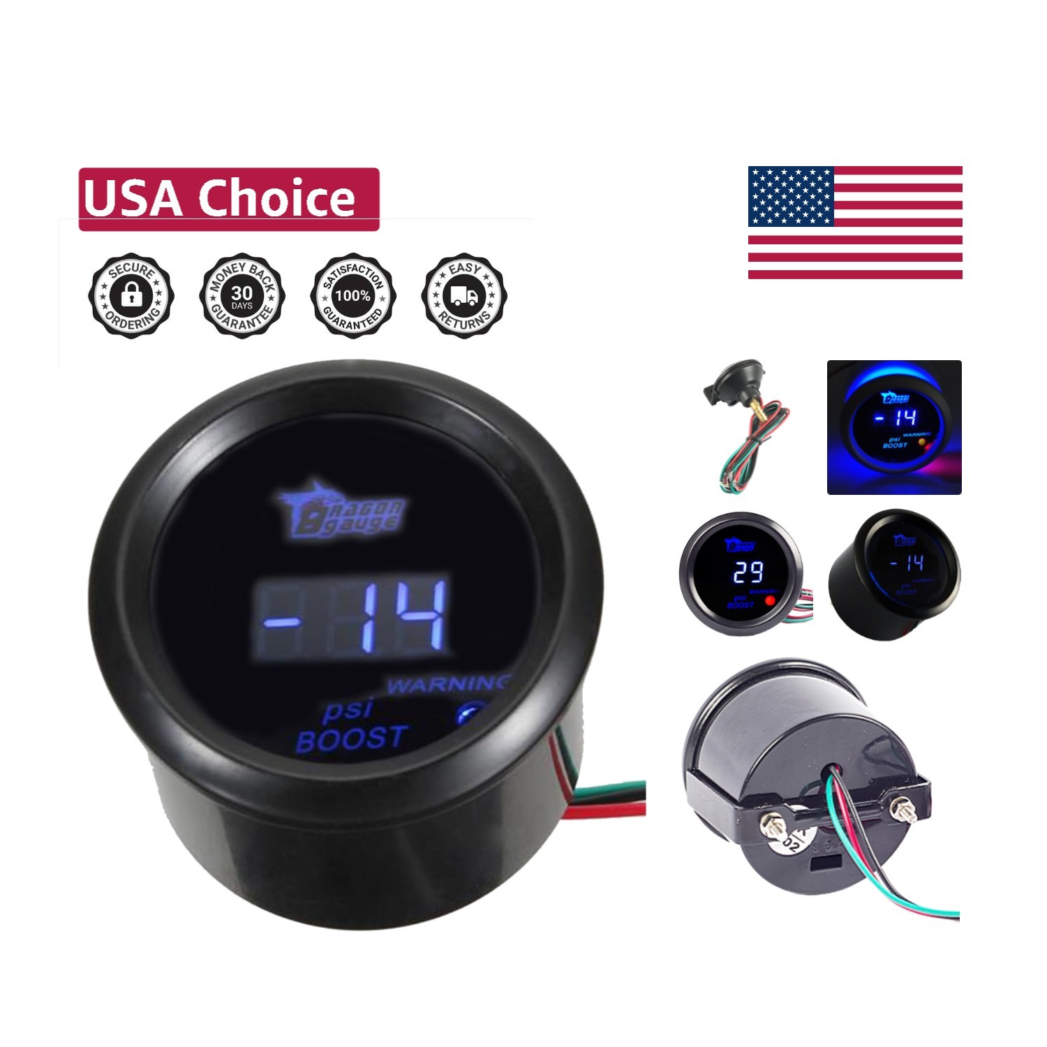 2 Inch Digital Turbo Boost Gauge with Blue LED Display - Universal 12V Kit