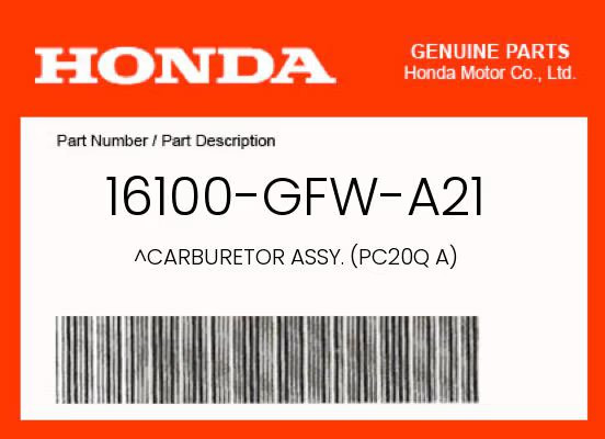 Honda Genuine Carburetor Assy. (Pc20Q A) - 16100-Gfw-A21