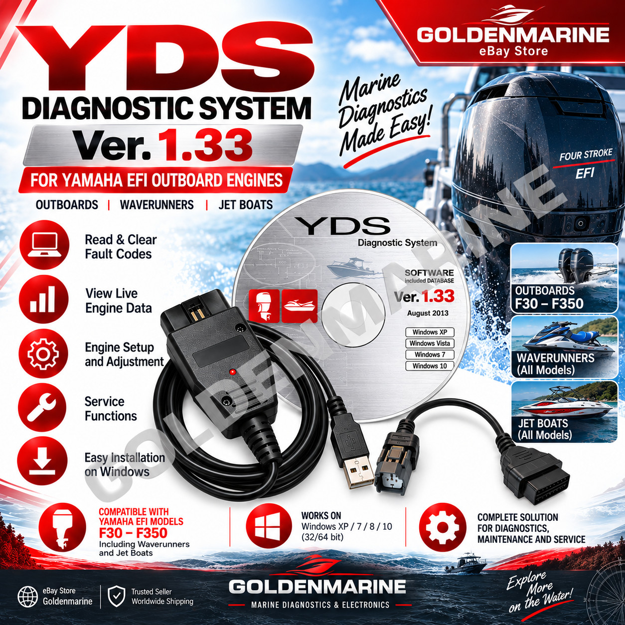 Diagnostic cable adapter for Yamaha YDS Boat Outboard WaveRunner Jet Boat