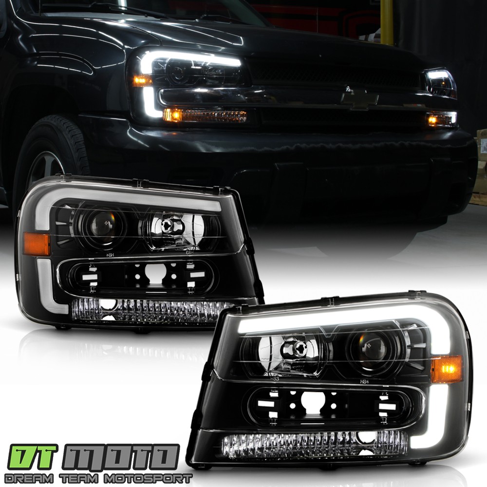2002-2009 Chevy Trailblazer Black LED Tube Projector Headlights Pair Left+Right 2002-2009 Chevy Trailblazer Black LED Tube Projector Headlights Pair Left+Right