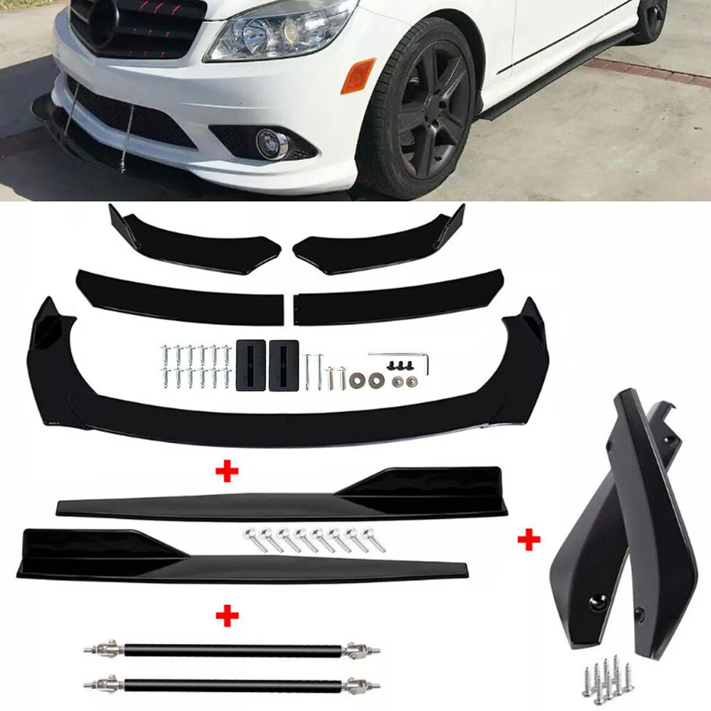 Glossy Black for Mercedes-Benz Front Bumper Lip Spoiler + Side Skirt + Rear Lip