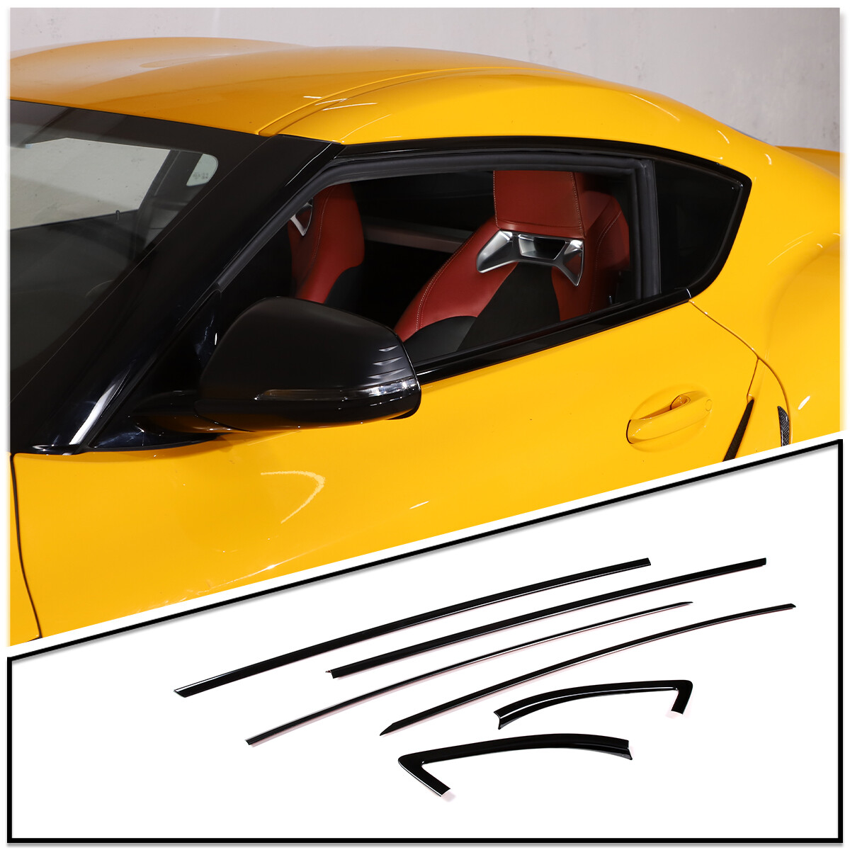 Glossy balck Window Frame Trim Cover S. Steel 6 Pcs Fits Toyota Supra 19-25 Glossy balck Window Frame Trim Cover S. Steel 6 Pcs Fits Toyota Supra 19-25