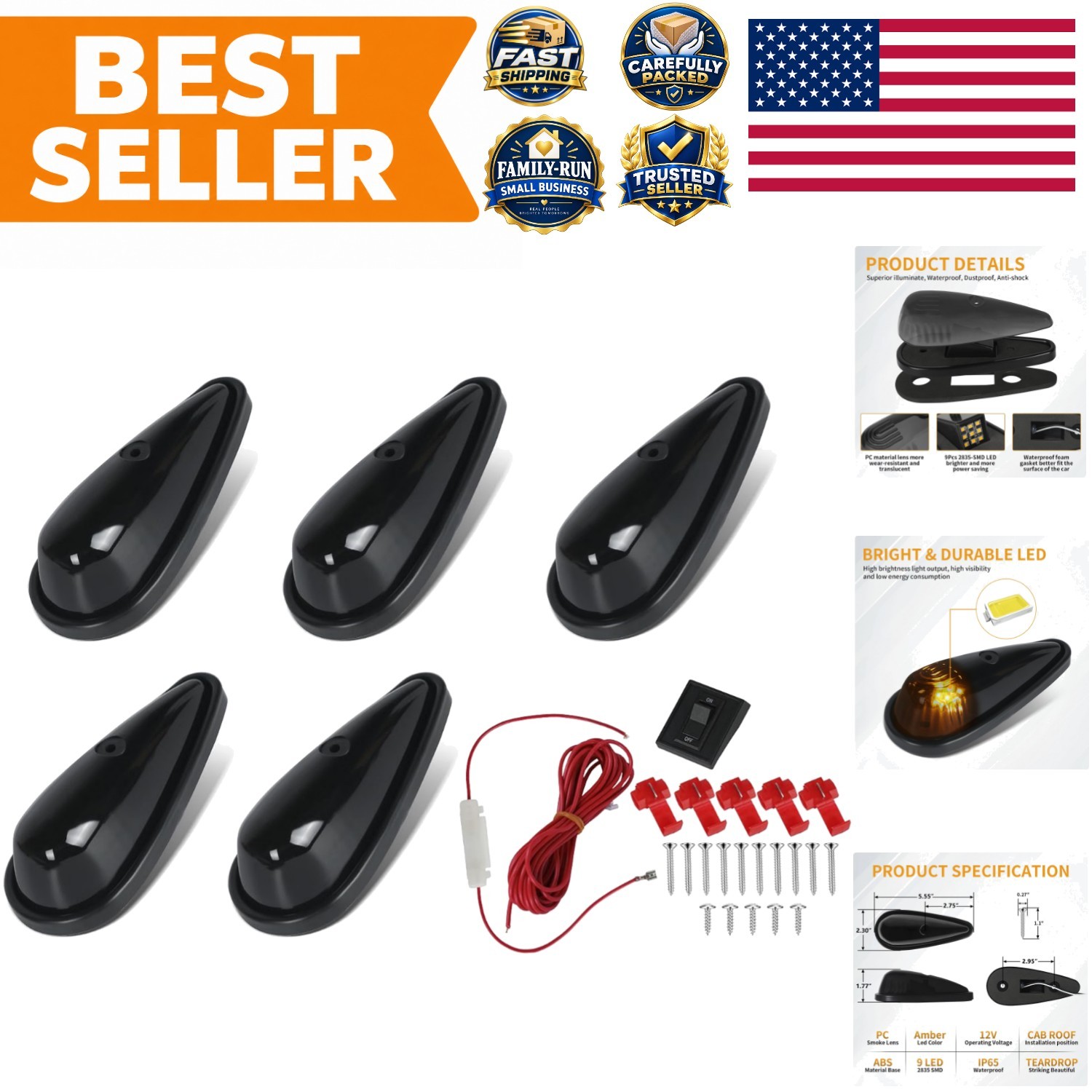 5Pcs Amber Teardrop Cab Marker Lights 9LED Smoke Lens