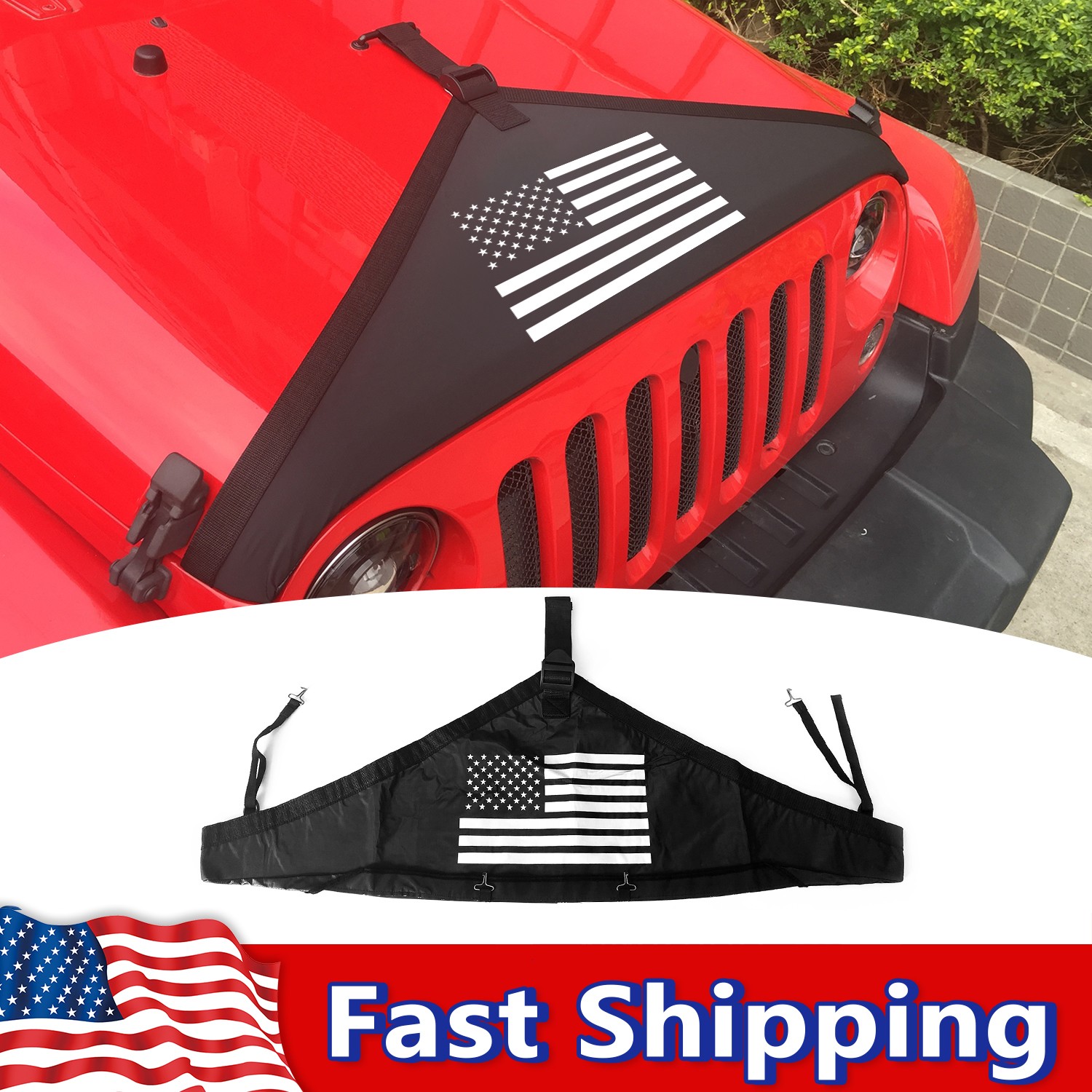 For Jeep Wrangler JK 2007-2017 Hood Cover Black American Flag Protector Bra