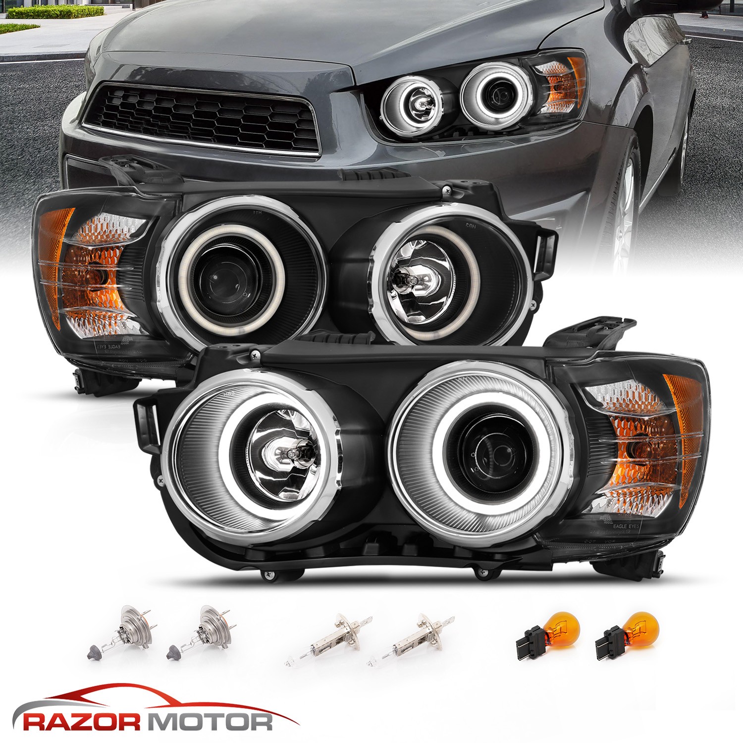 Fit 2012-2016 Chevy Sonic LED Halos Black Bezel Replacement Projector Headlight