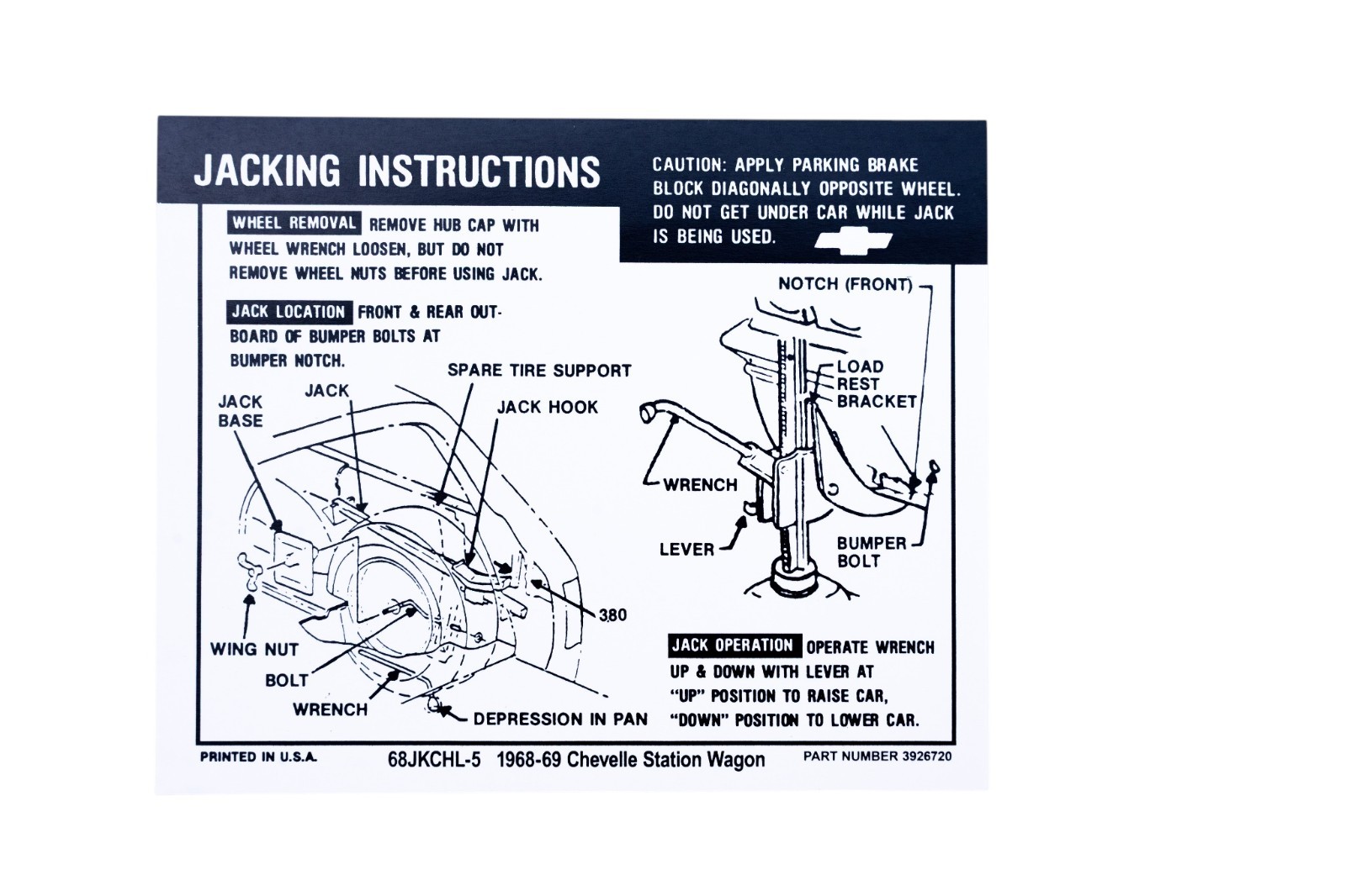 1968-69 Chevelle Station Wagon Jack Instruction Decal Reproduction