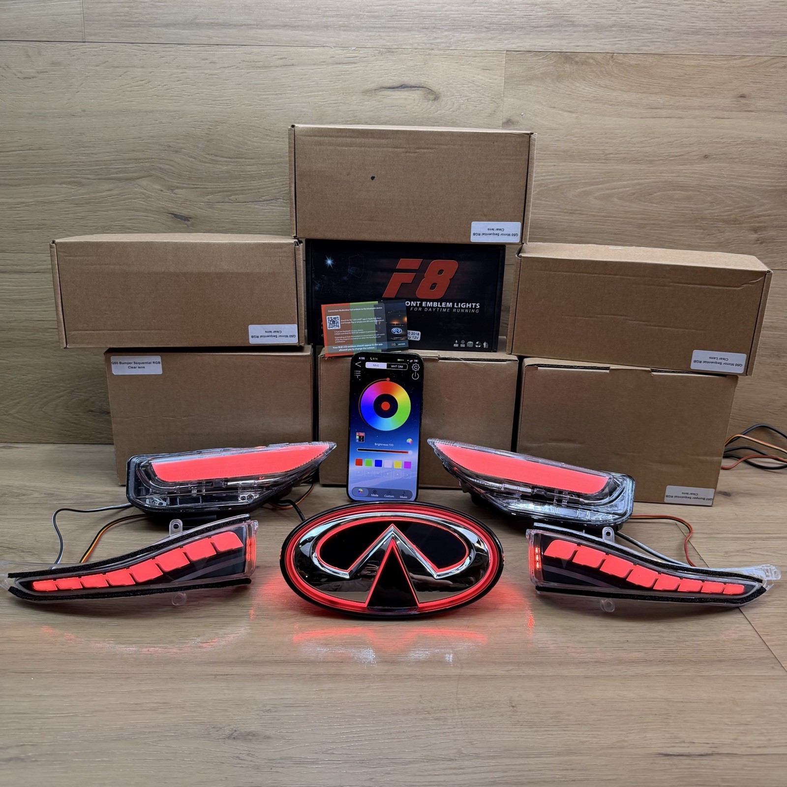 🟢2018-2024 INFINITI Q50 RGB LED Mirror/Bumper/CHROME EMBLEM Sequential Light🟢