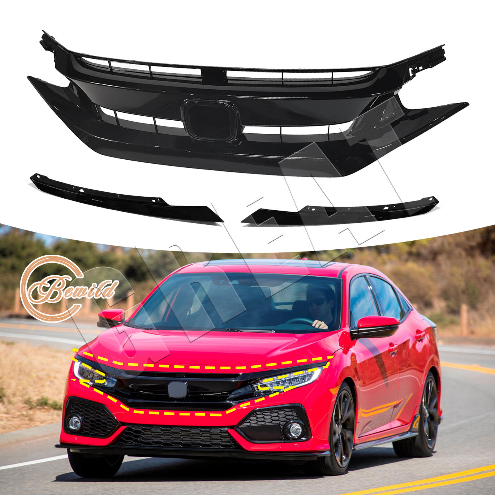 For 2019-20 Honda Civic Glossy Black Front Hood Mesh Grille With Eyelid Molding