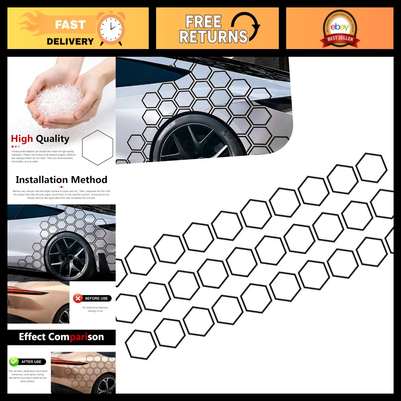 30 PCS Honeycomb Car Stickers, DIY Reflective Hexagon Decals, Self-Adhesive Body