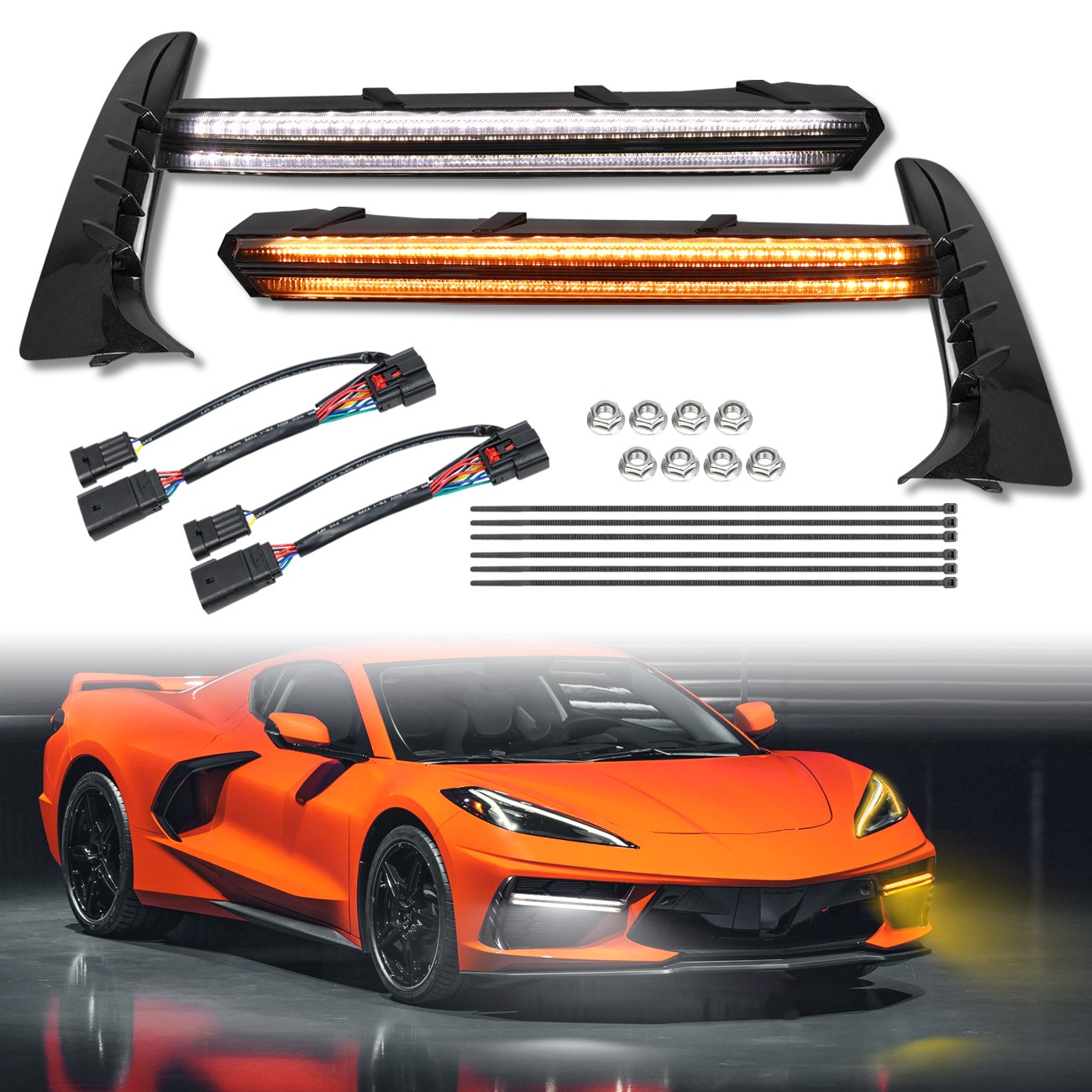 for 2020-25 Corvette C8 Couple Front Bumper Grille Bezel LED Fog Turn Light Bars