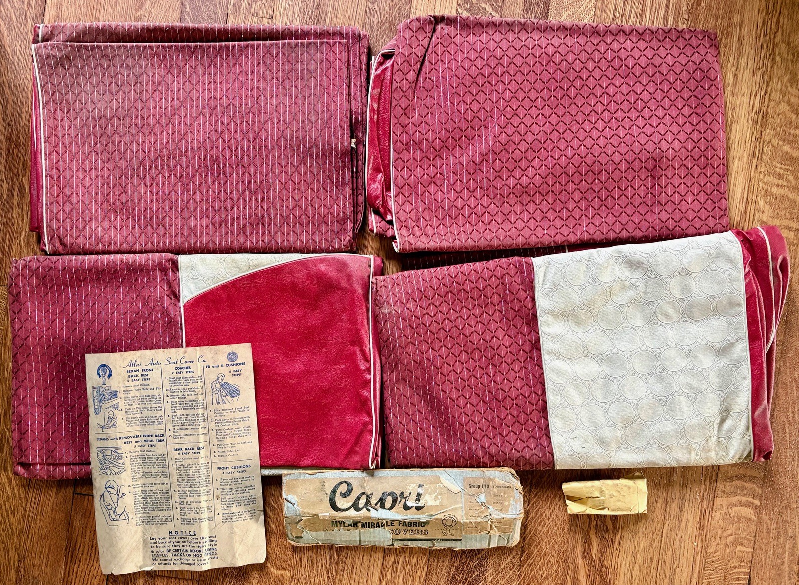 Vintage Red & White 1950s Atlas Auto Front & Rear Bench Seat Covers NOS Sedan