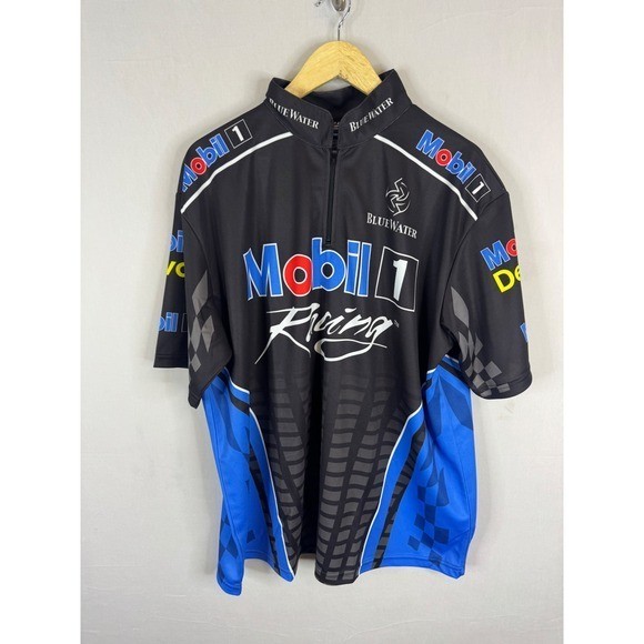 Fast Eddie Racewear Mobil 1 Racing Jersey XL Black Blue Quarter Zip Pit Shirt
