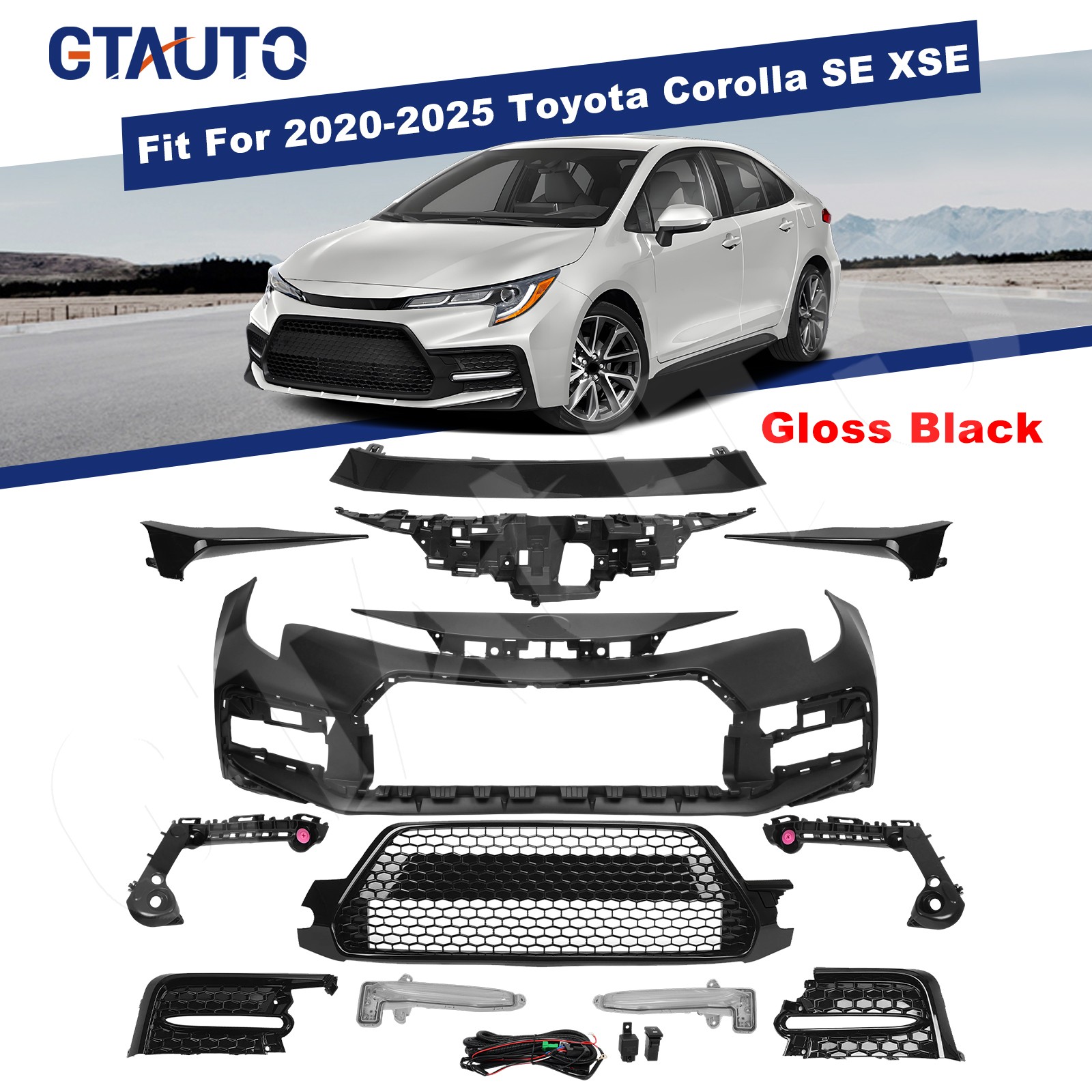For 2020-2025 Toyota Corolla SE XSE Front Bumper Cover Kit w/Grille Gloss Black