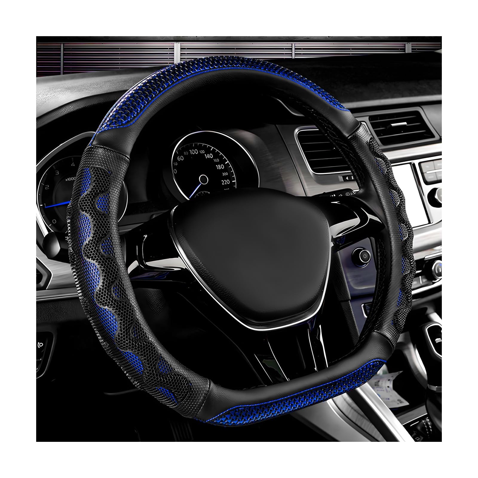 ZNDAW Car Steering Wheel Cover, 15 Inch Leather D-Shaped Blue 
