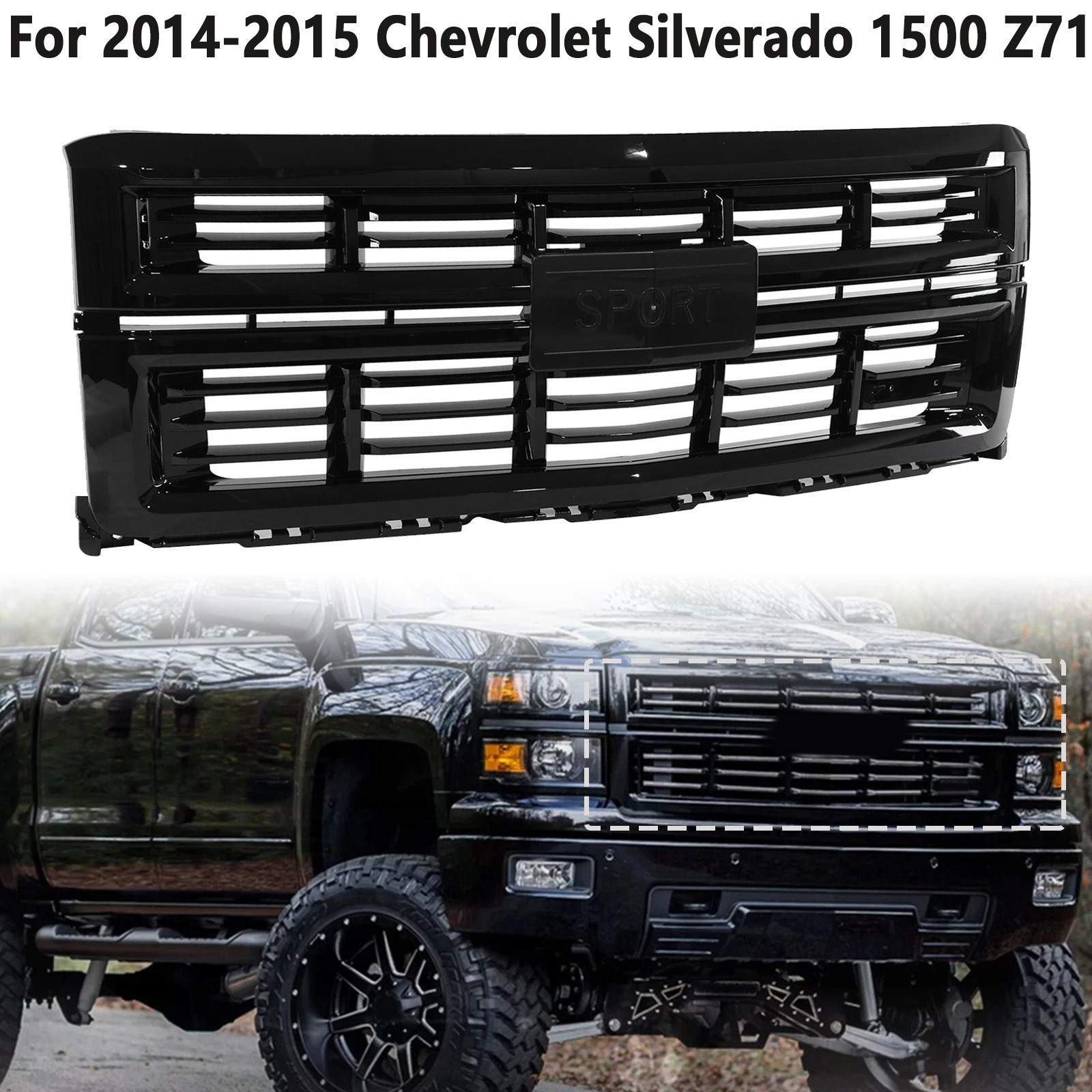 Front Upper Grille Full Gloss Black For 2014-2015 Chevrolet Silverado 1500 Z71