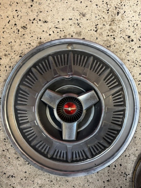 1964-65 Ford Thunderbird 15” Spinner Hubcap Wheel Cover Red Center OEM set of 5