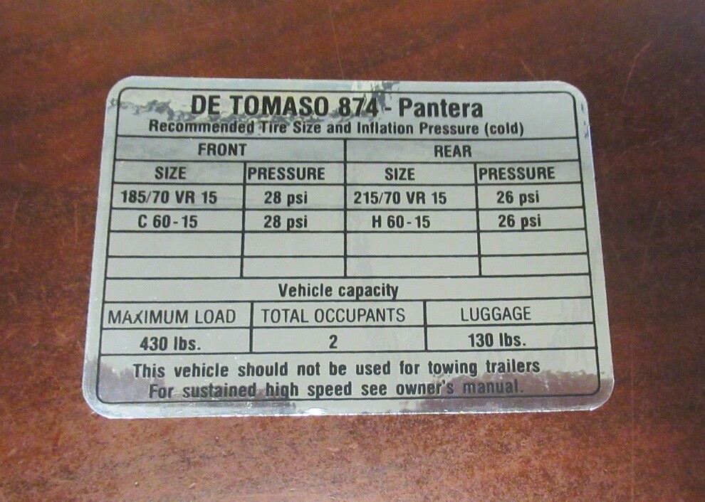 NEW 1973-74 DeTomaso Pantera Tire Size & Data Decal