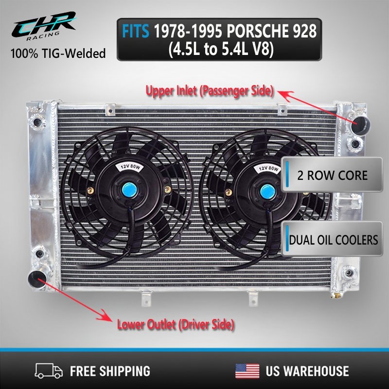 Aluminum Radiator+Fan For 1978-1995 Porsche 928 4.5L 4.7L 5.0L