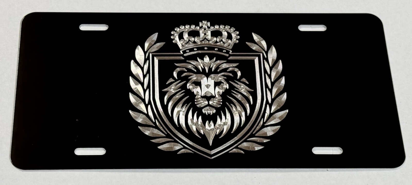 Crown King Lion Car Tag Diamond Etched Engraved Black Metal Front License Plate
