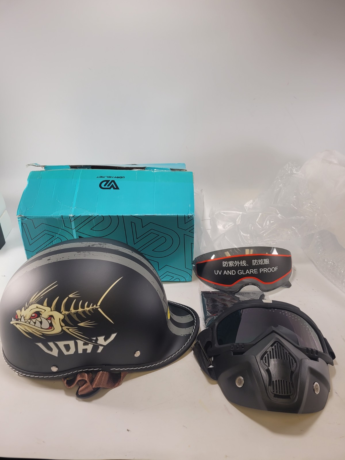UDAY VQ-1 Half Helmet XXL Matte Black Fish Skeleton Motorcycle Goggle Mask Visor UDAY VQ-1 Half Helmet XXL Matte Black Fish Skeleton Motorcycle Goggle Mask Visor