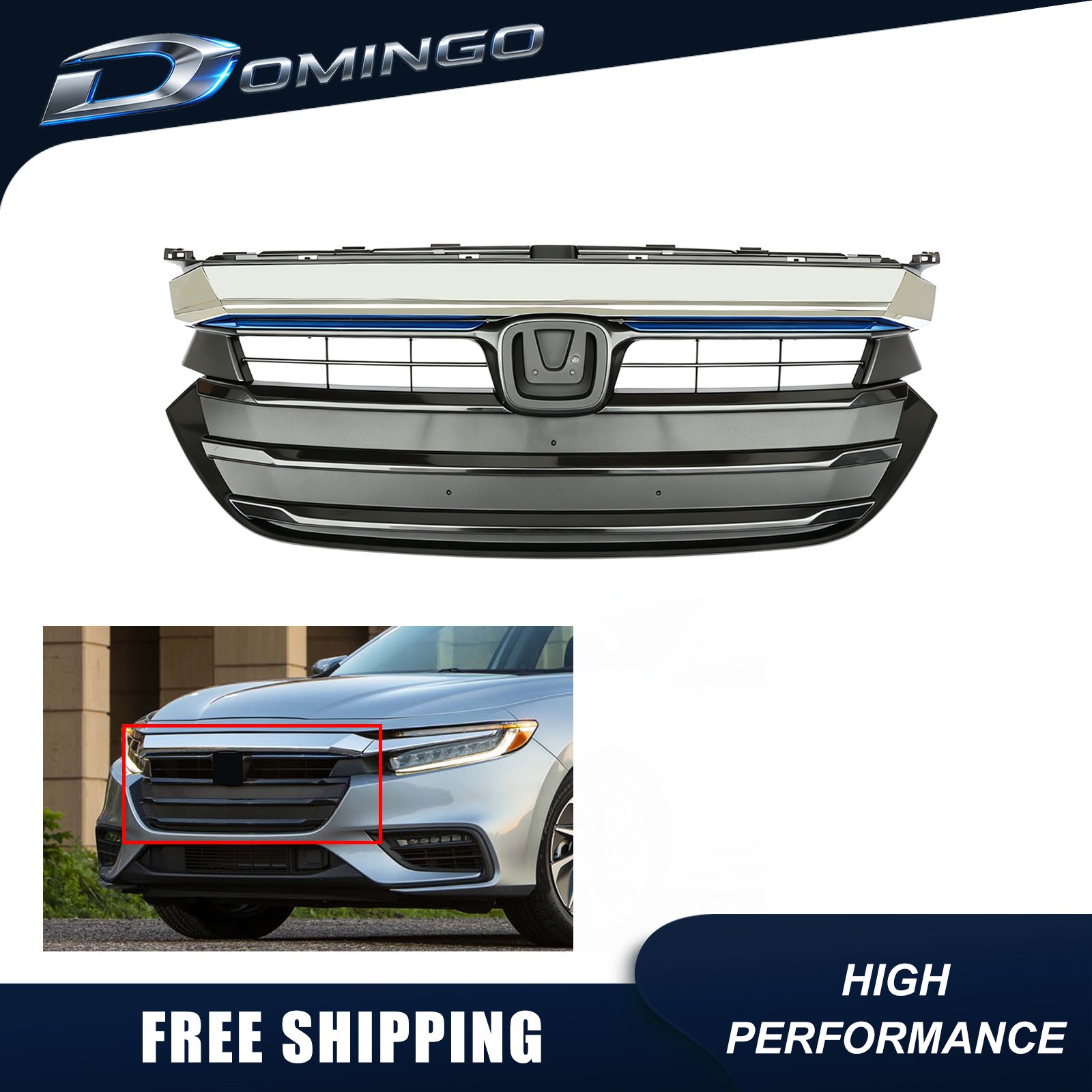 Front Upper Bumper Grille with Chrome Molding For 2019-2022 Honda Insight
