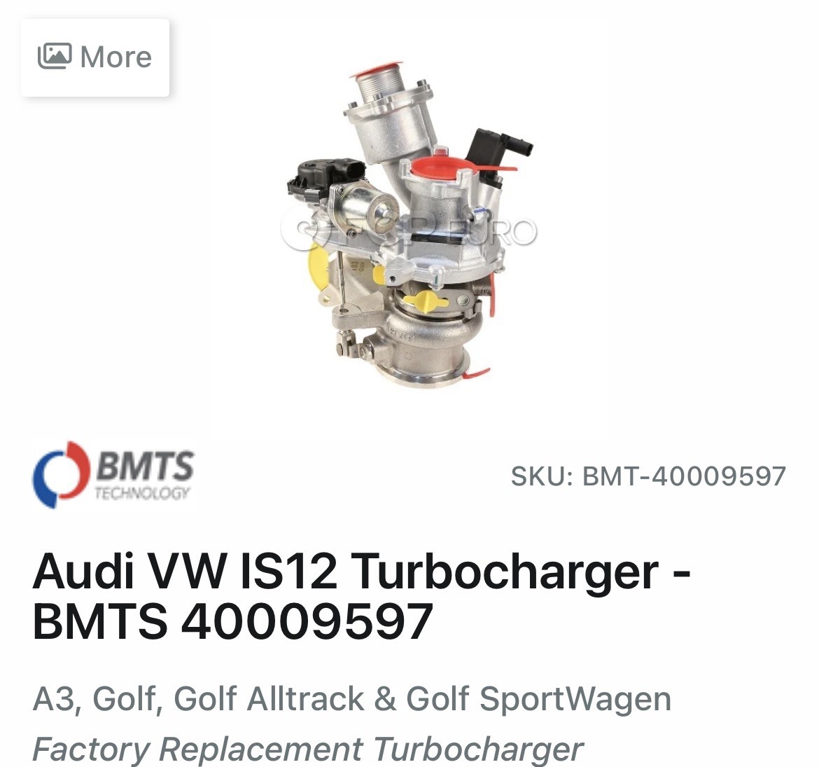 Audi VW IS12 Turbocharger - BMTS 40009597 Brand New. Open Damaged Box Audi VW IS12 Turbocharger - BMTS 40009597 Brand New. Open Damaged Box