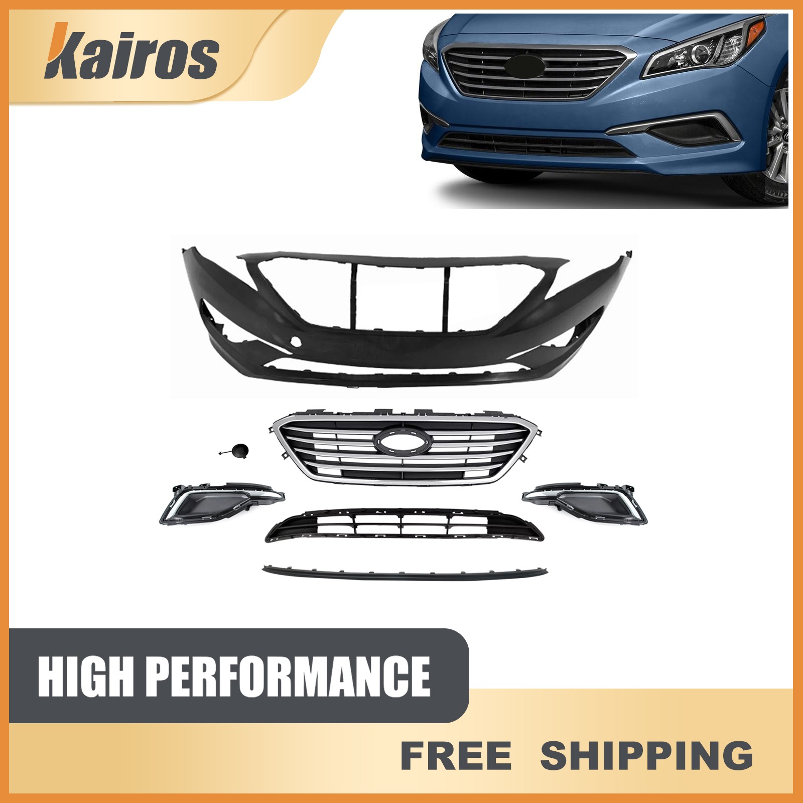 Fits 2015-2017 Hyundai Sonata New Front Bumper Cover Kit W/ Upper Lower Grille