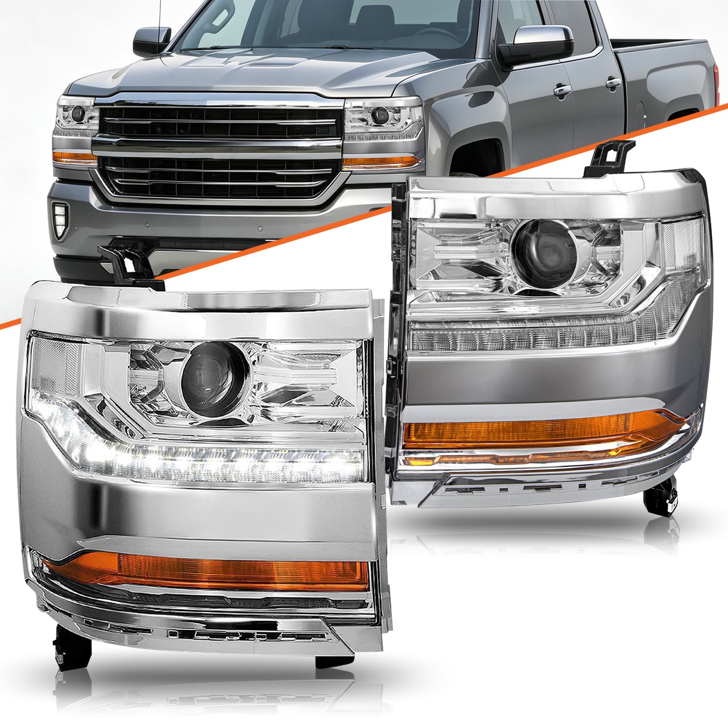 BRYGHT Chrome Headlights For 2016-2018 Chevy Silverado 1500 HID/Xenon Left&Right