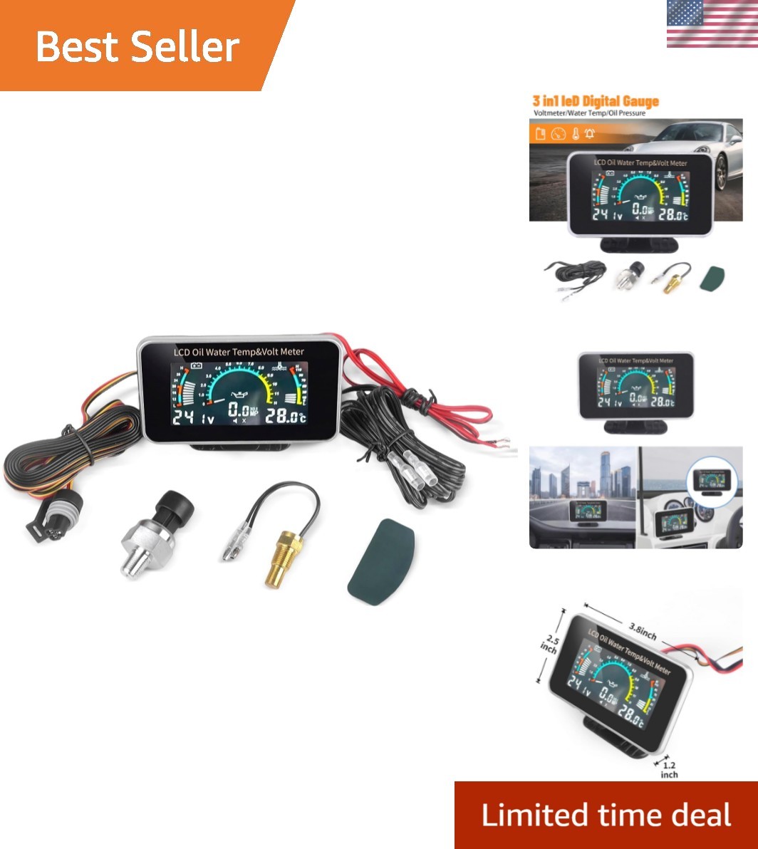 High-Quality 3-in-1 LCD Vehicle Gauge for Oil, Temperature & Voltage Monitoring