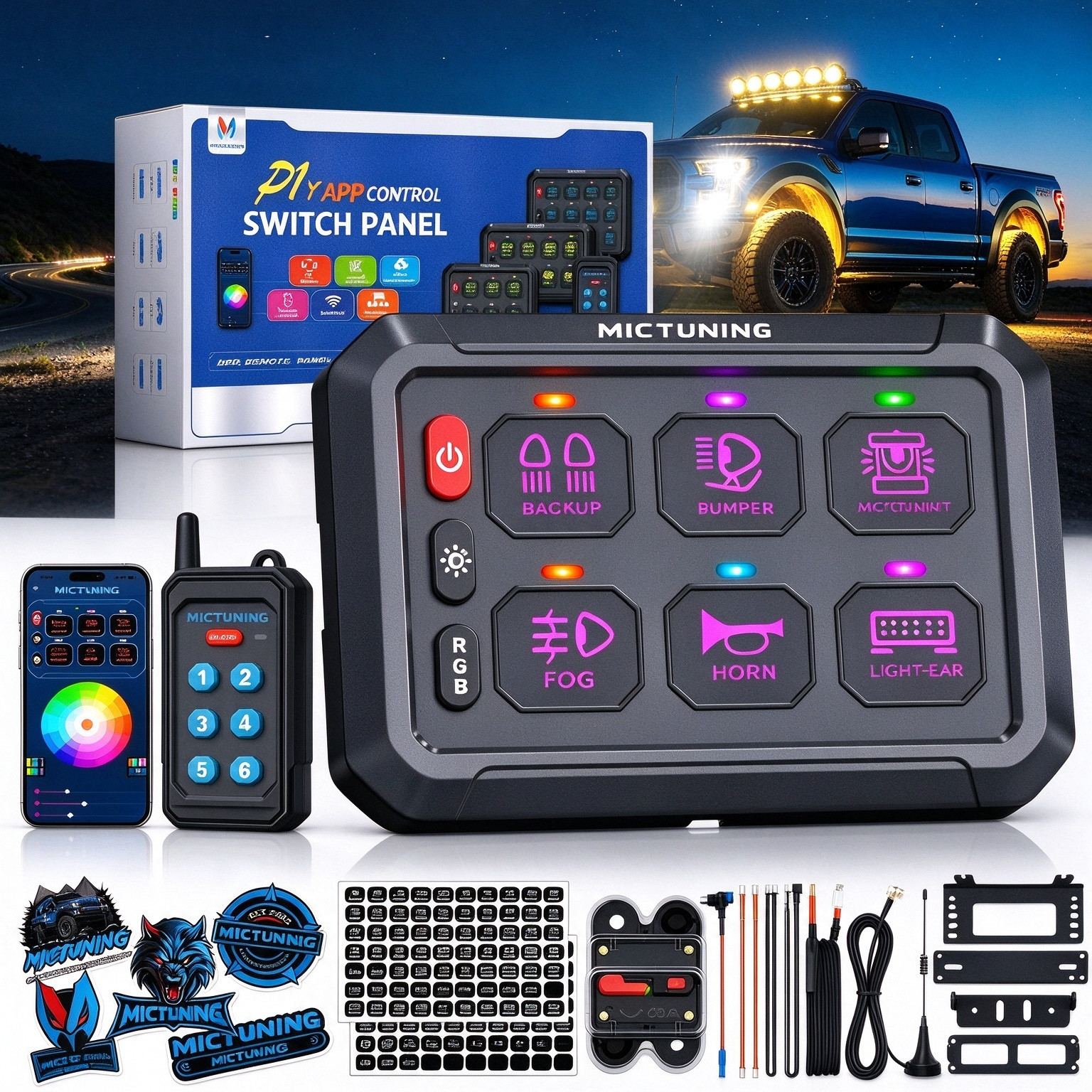 MICTUNING 12v Wireless RGB 6 Gang Switch Panel Remote/App Control LED Relay Box MICTUNING 12v Wireless RGB 6 Gang Switch Panel Remote/App Control LED Relay Box