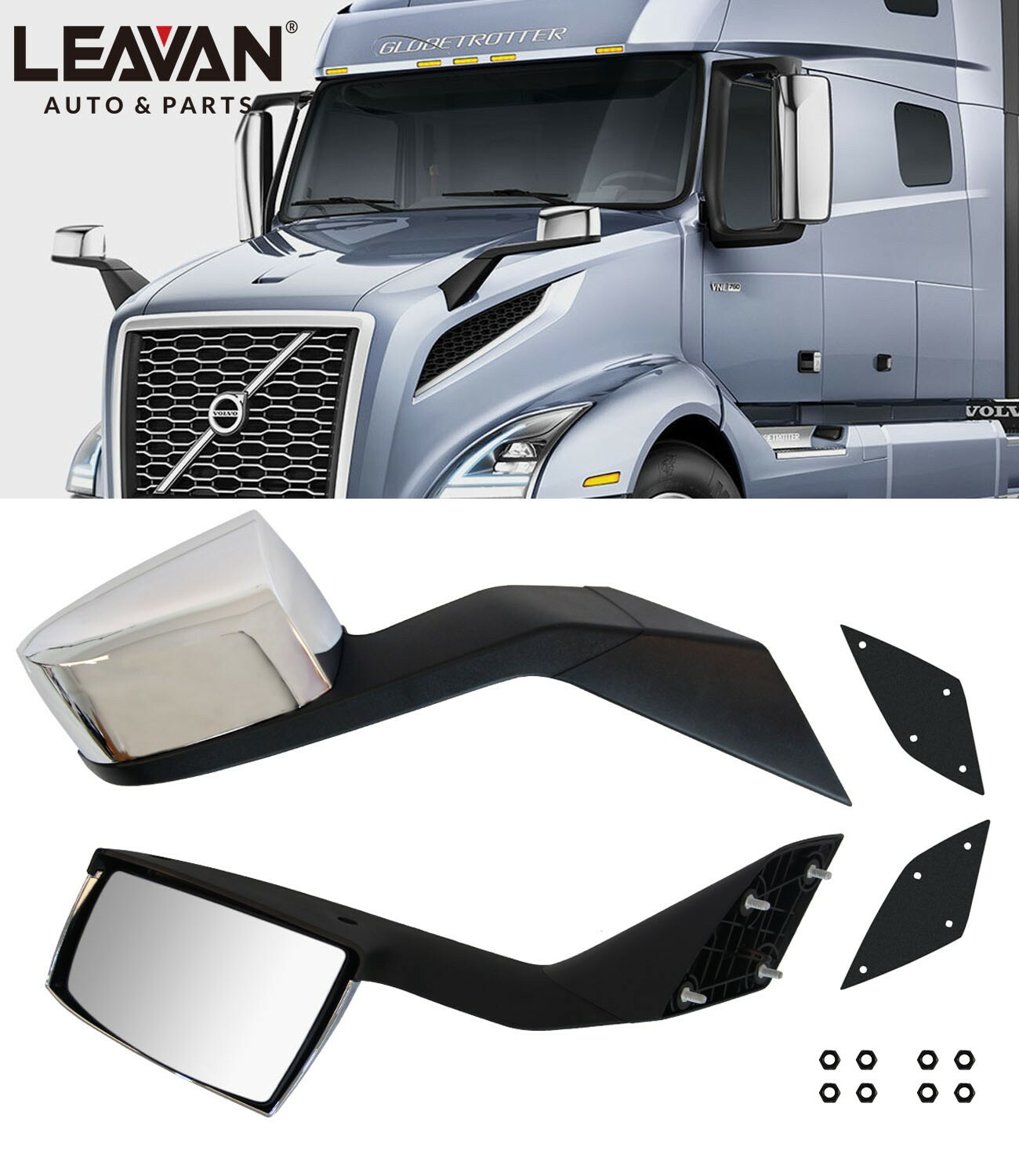 Chrome Hood Mirrors LH&RH Pair For Volvo VNL 2004-2017 With Nuts Mounting Plates Chrome Hood Mirrors LH&RH Pair For Volvo VNL 2004-2017 With Nuts Mounting Plates
