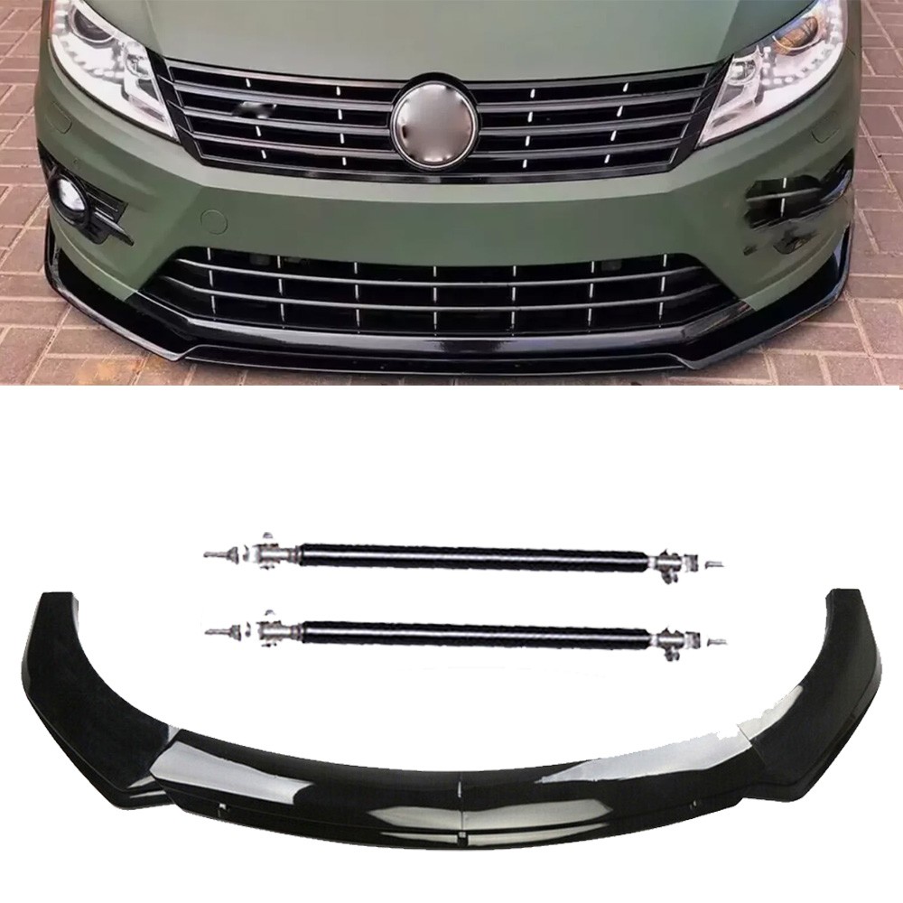 For Volkswagen Passa Front Bumper Lip Spoiler With Strut Rod Gloss Black Body