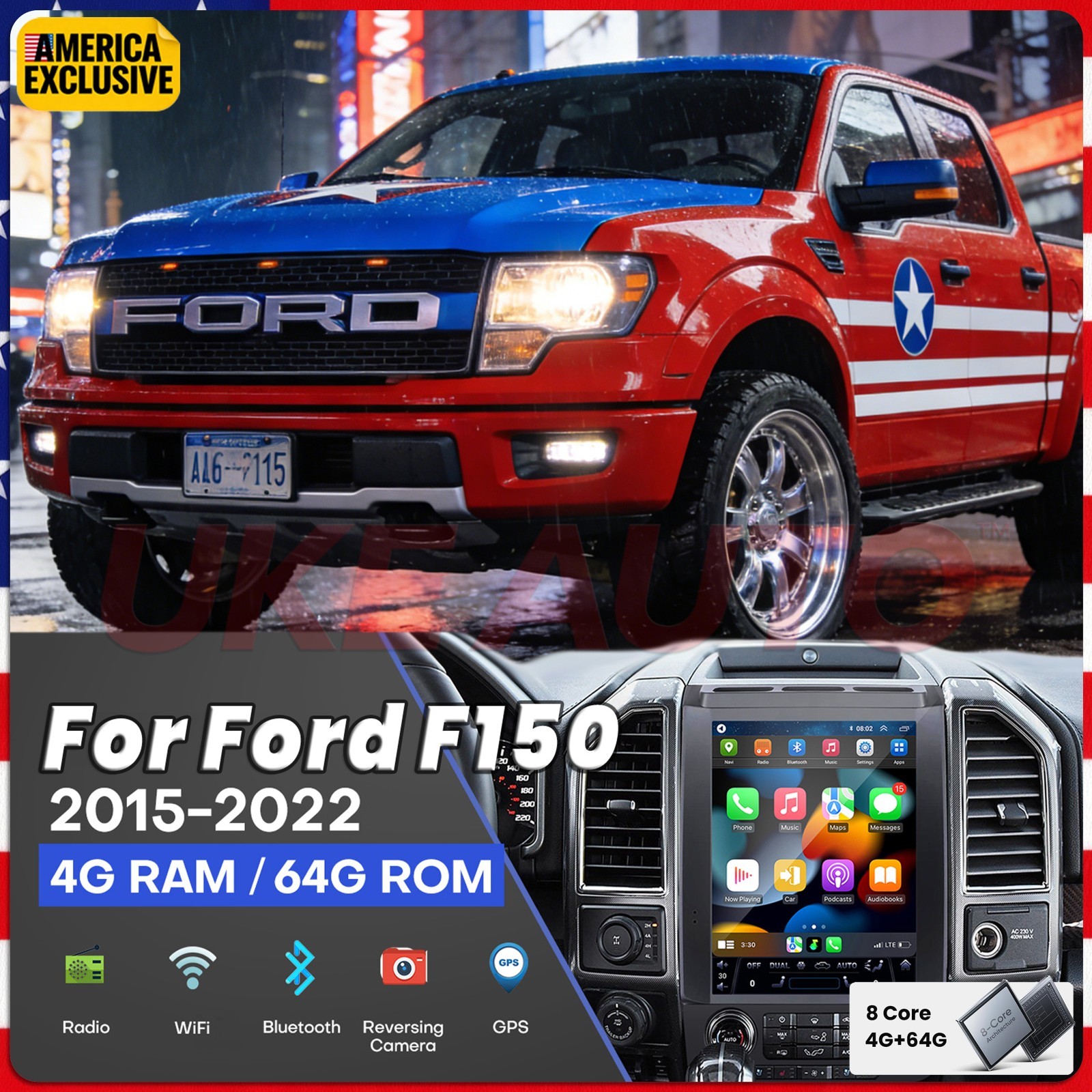 UKE | 64G Apple Carplay For 2015-2022 Ford F150 F250 F350 Car Stereo Radio 8Core