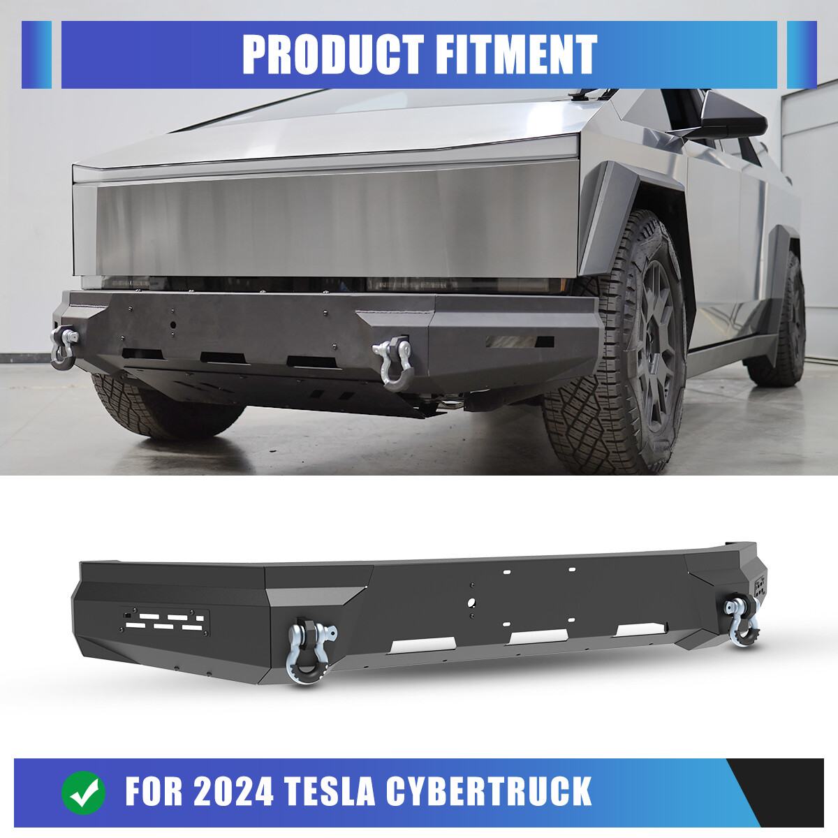 New Full-Width Front Rear Bumper For 2024-2025 Tesla Cybertruck Steel W/D-Rings