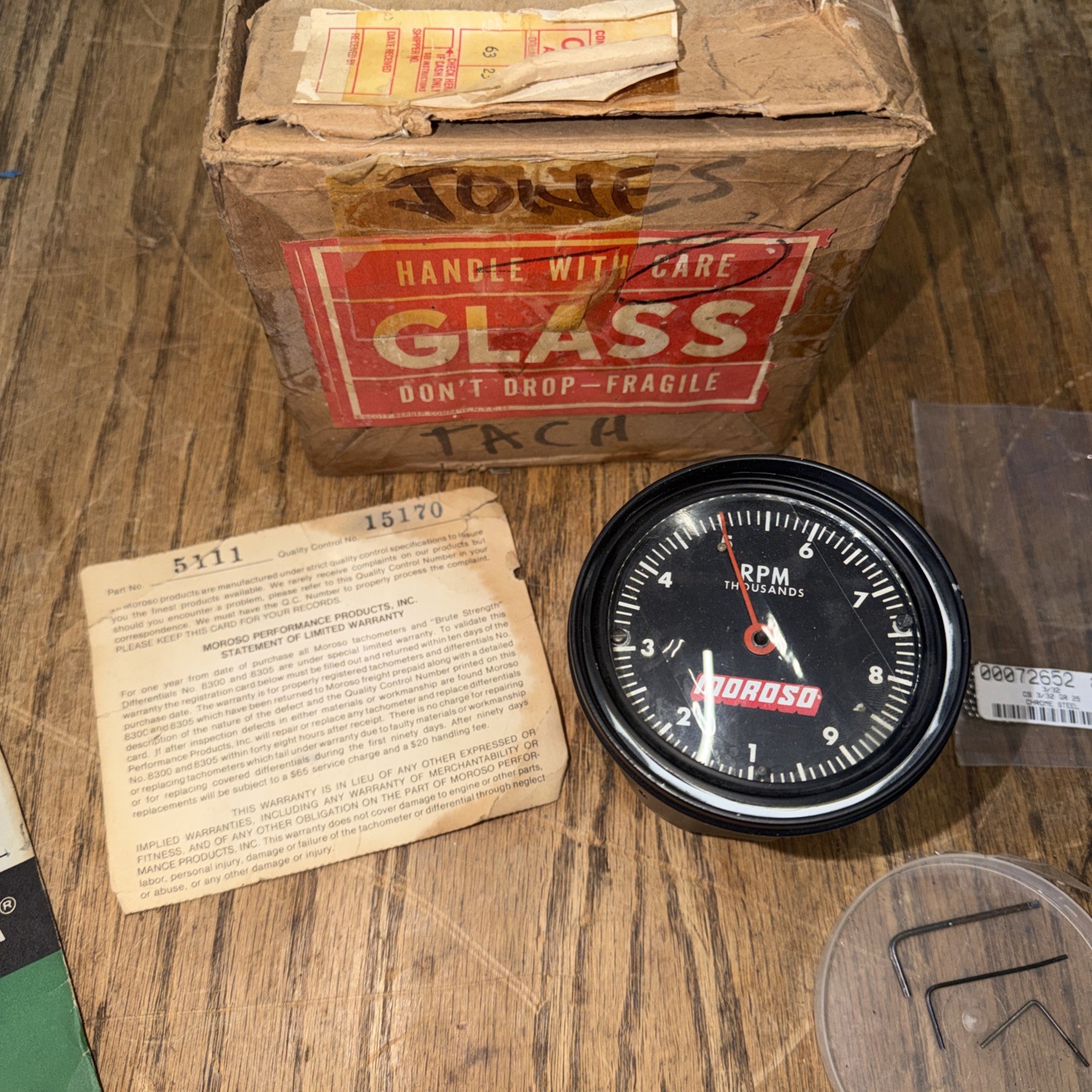 Early 10K RPM Mech. Tachometer Jones Motrola 3.5” Dia. +War. Card, Box For Parts