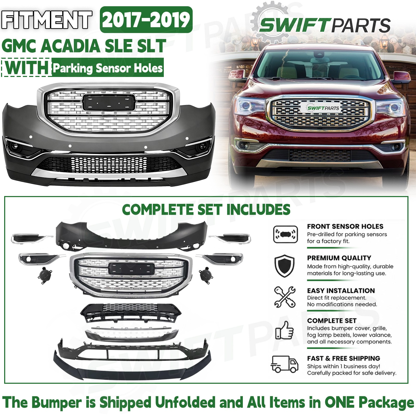 Fit For 2017-2019 GMC Acadia Denali  Front Bumper Cover Assembly Kit Set 13Pcs