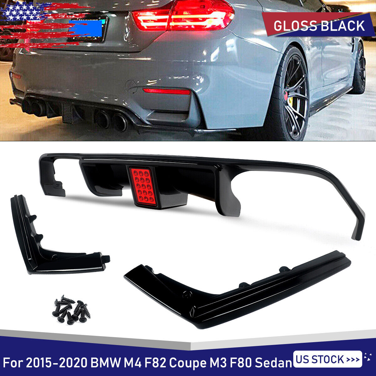 For 2015-2020 BMW M3 M4 F80 F82 F83 Rear Diffuser Lip W/ LED Light Gloss Black