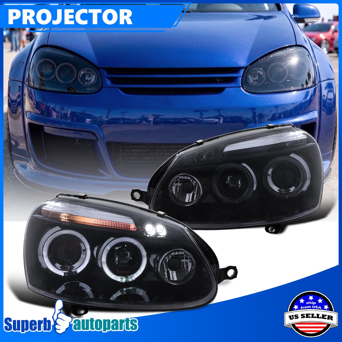 Fit 2006-2008 Golf Jetta Rabbit Smoke LED Halo Projector Headlights Glossy Black Fit 2006-2008 Golf Jetta Rabbit Smoke LED Halo Projector Headlights Glossy Black