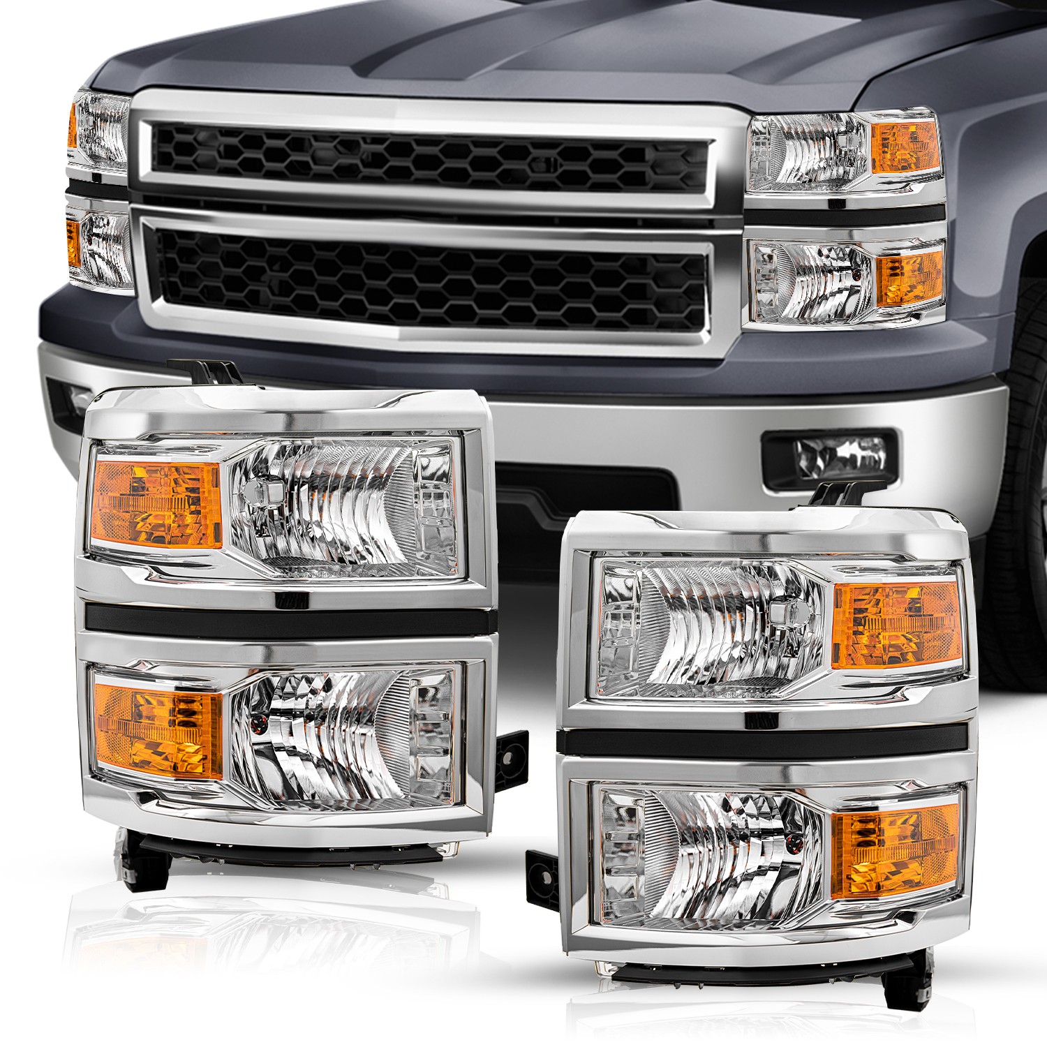 Pairs For 2014-2015 Chevy Silverado 1500 Chrome Headlights Headlamps Left&Right Pairs For 2014-2015 Chevy Silverado 1500 Chrome Headlights Headlamps Left&Right