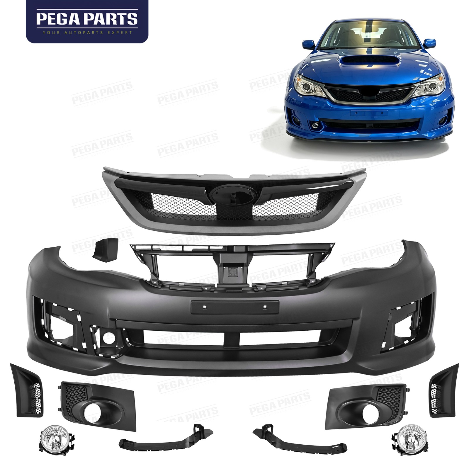 Front Bumper Cover Grille Kit w/Fog Light Cover For 2011-2014 Subaru Impreza WRX
