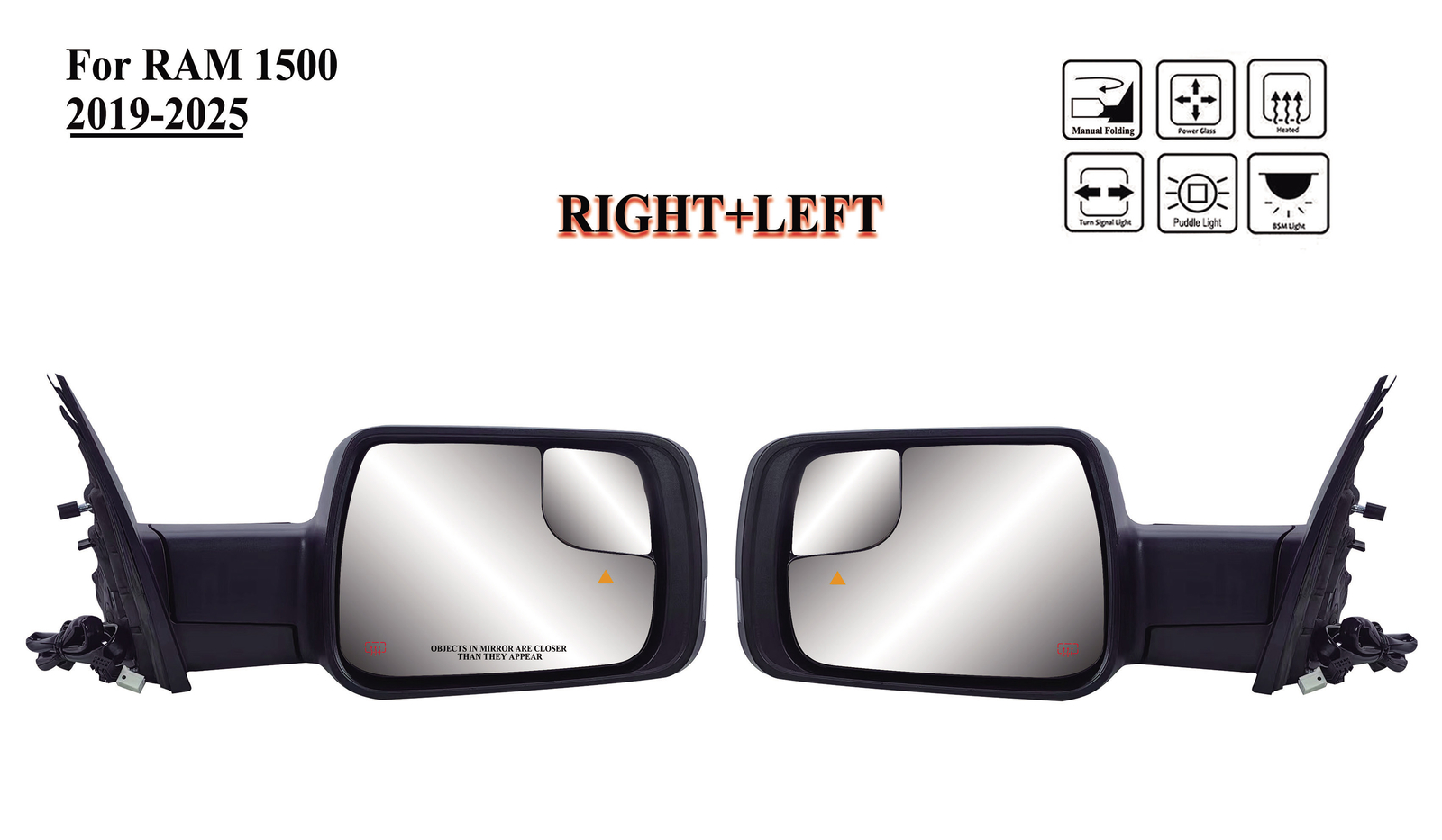 Pair Left+Right Side Door Mirror Power With BLIS And Light For 19-25 Ram 1500