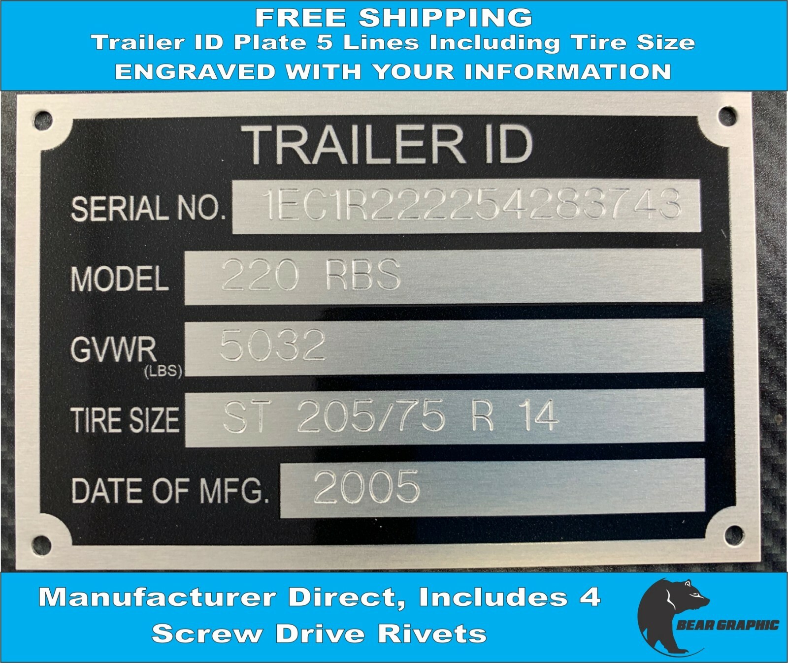 Trailer ID Tag (ENGRAVED) Serial Number Plate ID Tag 5 Lines Including Tire Size