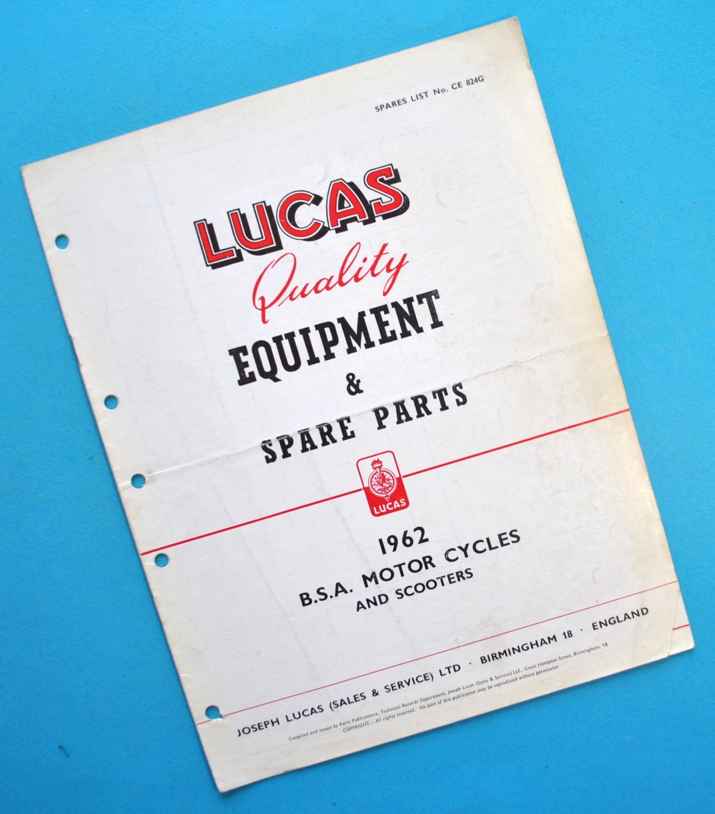 1962 BSA Motorcycle Manual Lucas Electrical Parts Catalog A7 A10 B32 B34 A50 A60