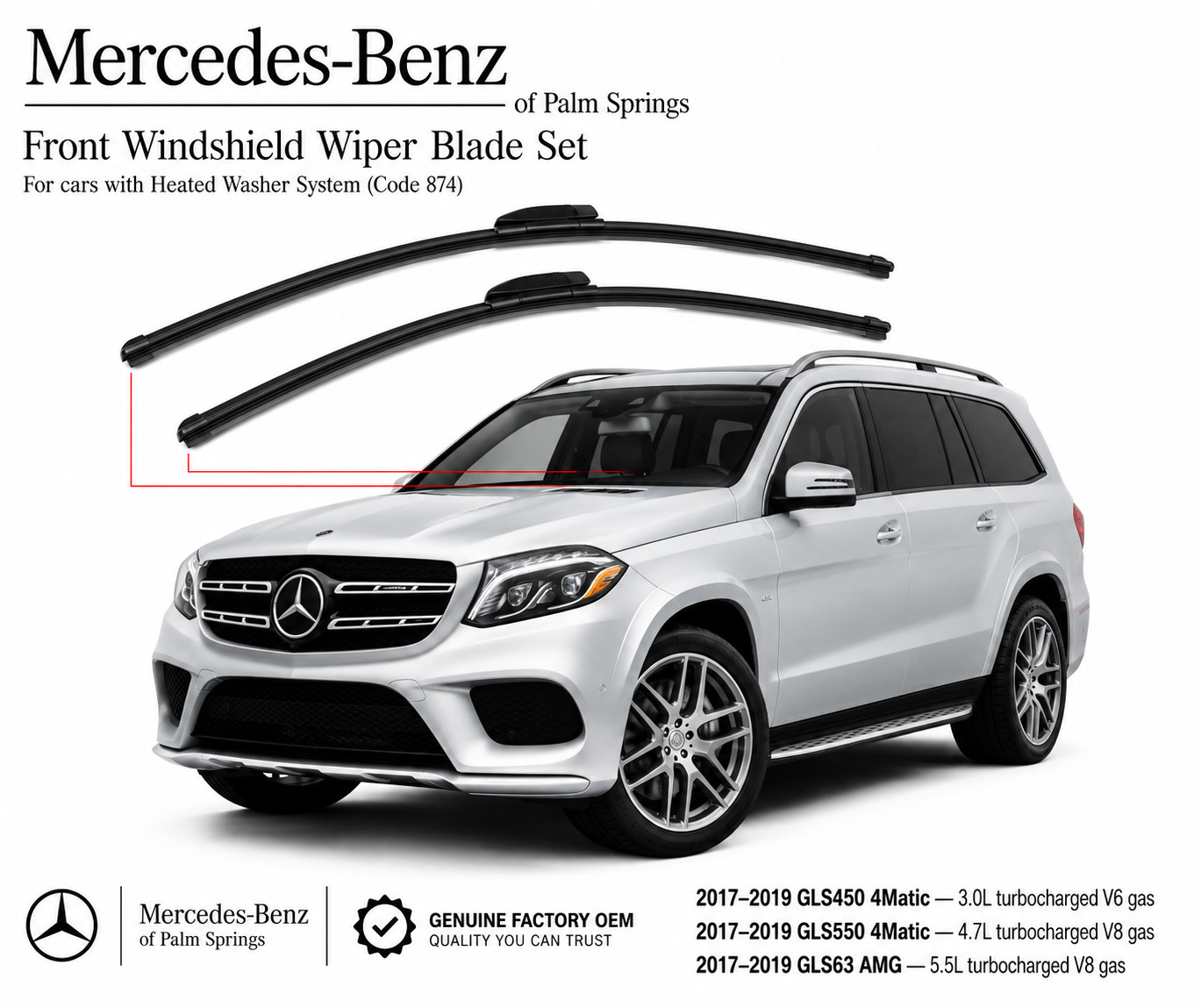 Mercedes-Benz GLS 450/ 550/ 63 Genuine Front Window Windshield Wiper Blade Set