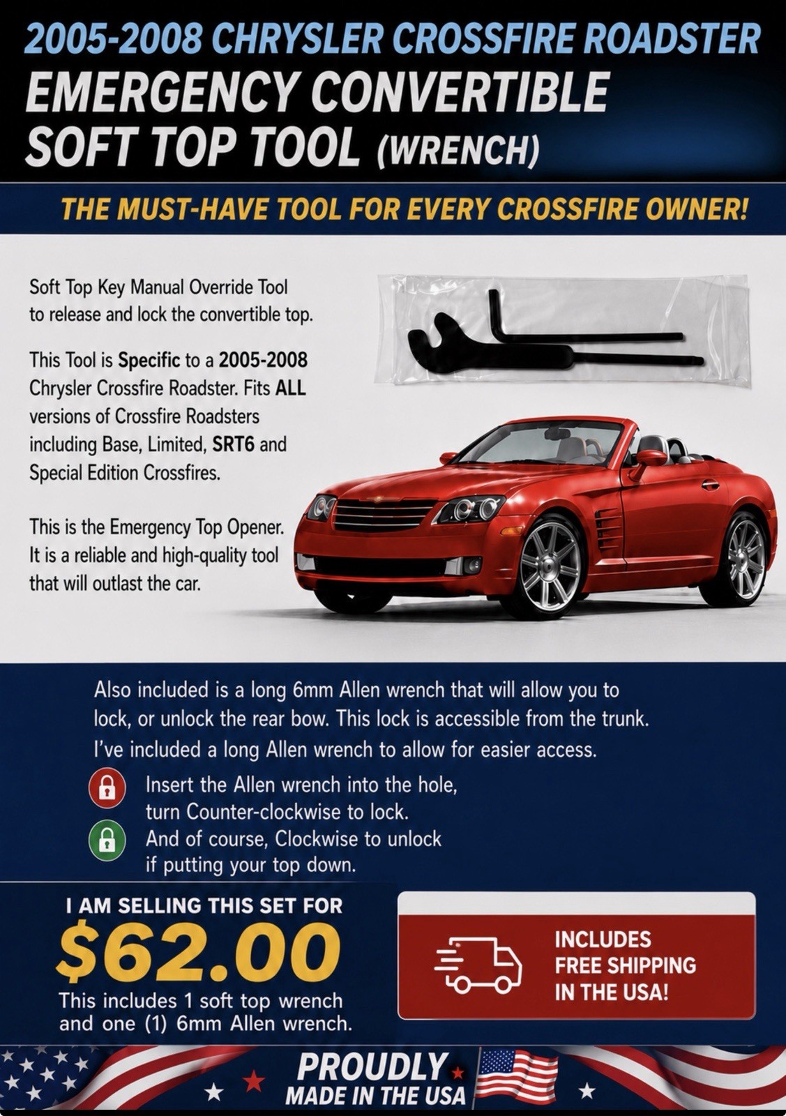 2005–2008 Chrysler Crossfire Convertible Soft Top Tool & 6mm Allen Wrench