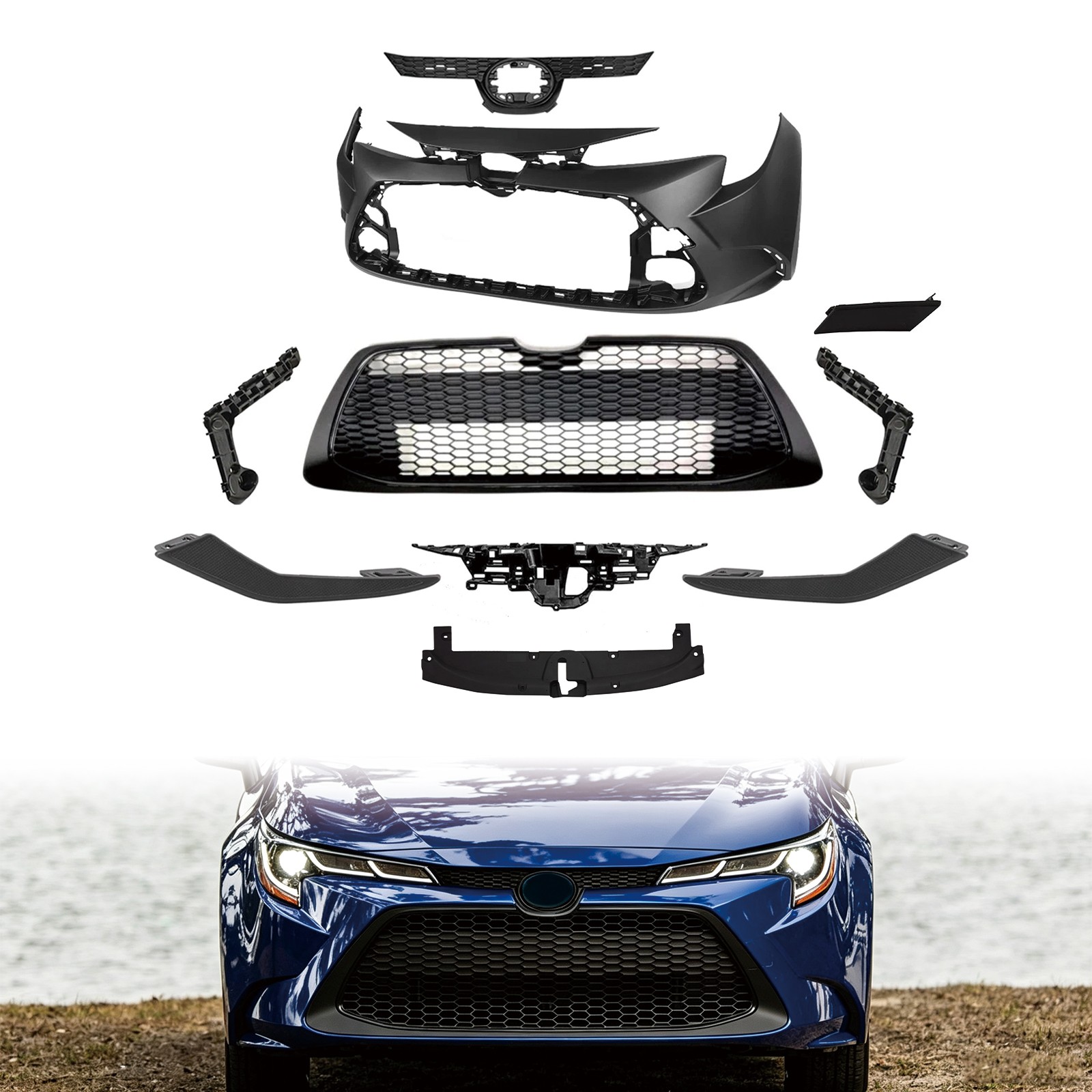 For 2020-2024 Corolla LE Front Bumper Cover Upper Lower Grille Set