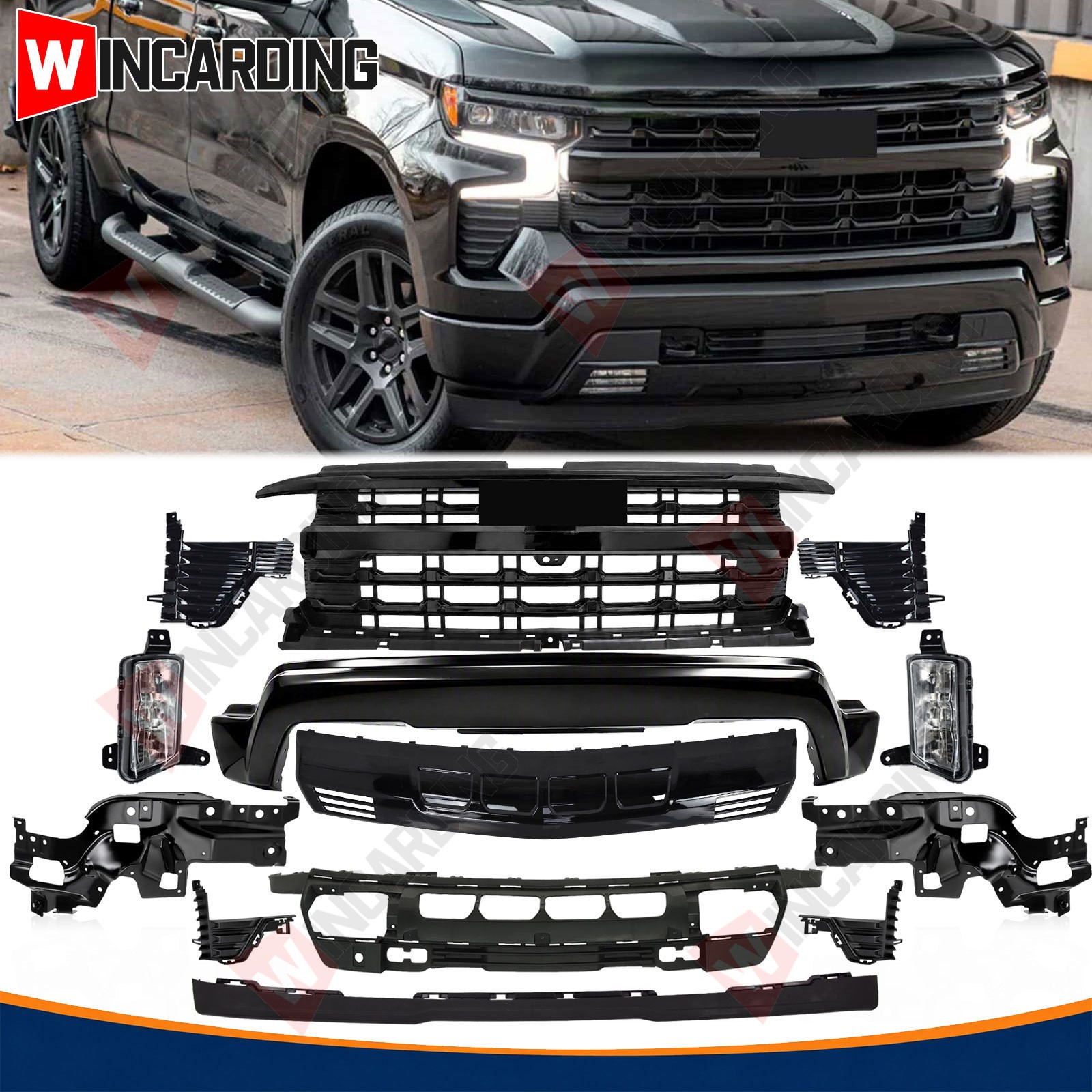For 2022-2026 Chevy Silverado 1500 Front Grille Bumper Assembly W/Brackets Set